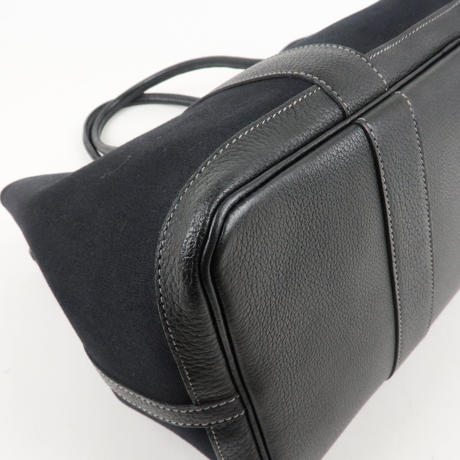 HERMES Garden Party PM G Stamped Canvas Leather Tote Bag Black Used