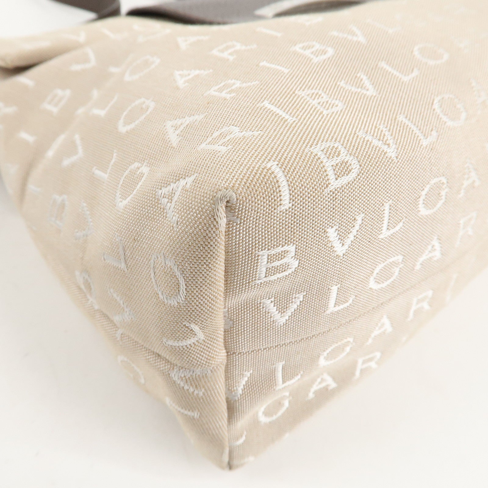 BVLGARI Logo Mania Canvas Leather Hand Bag Shoulder Bag Beige Used