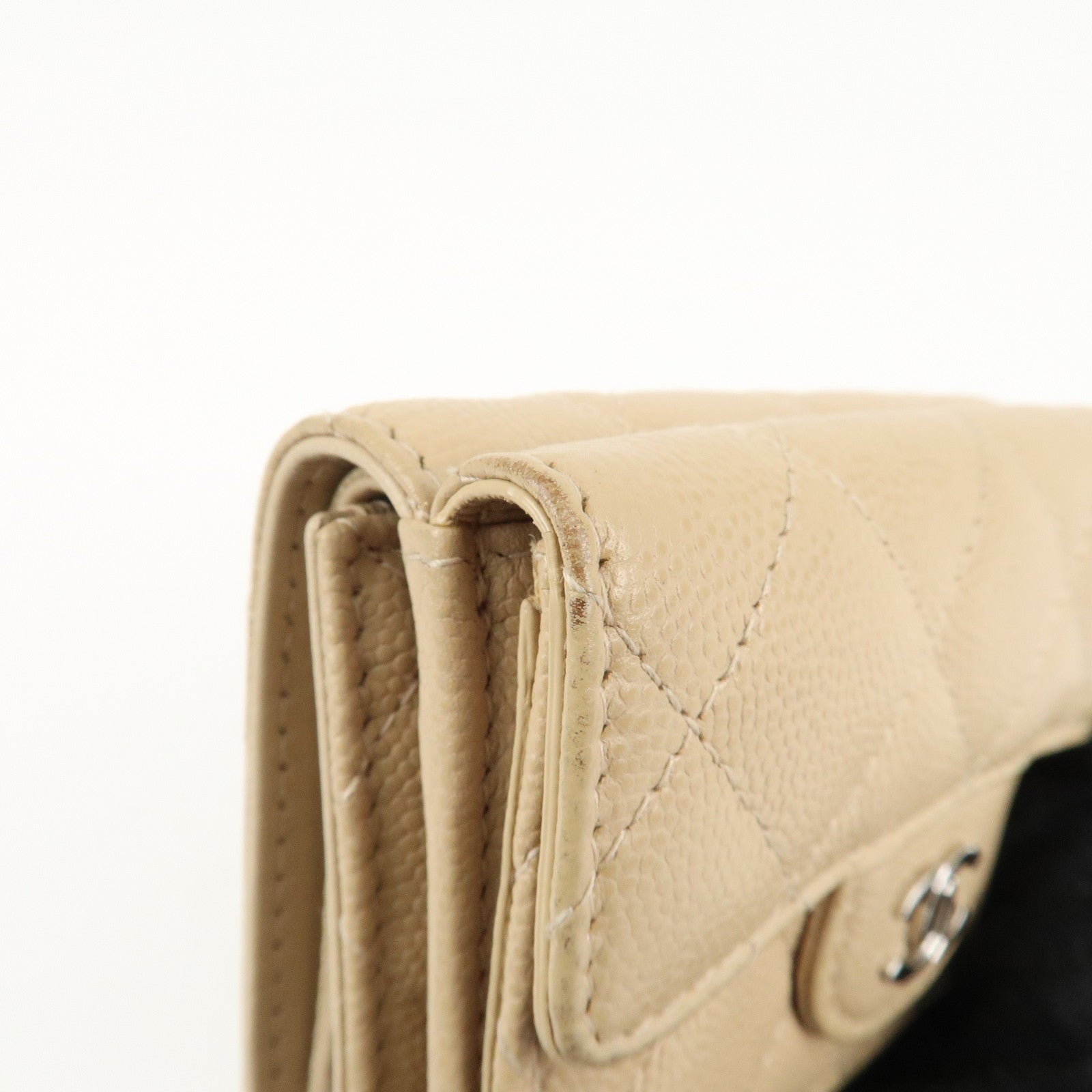 CHANEL Matelasse Cavier Skin Compact Wallet Beige Silver HDW Used