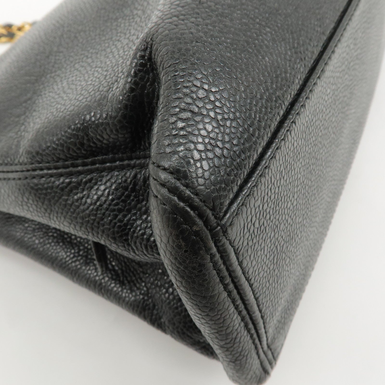 CHANEL Caviar Skin Chain Tote Bag Black Gold Used