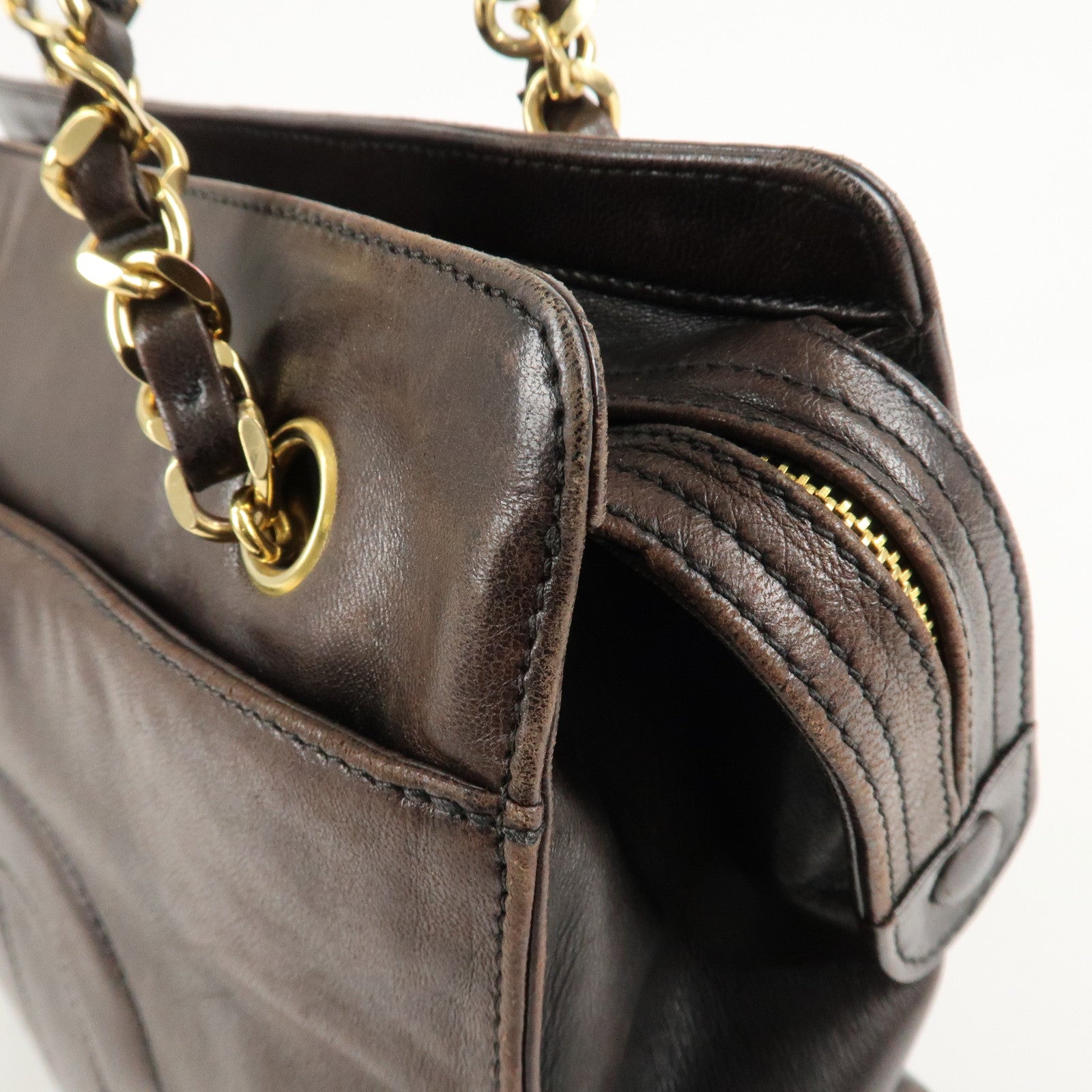 CHANEL COCO Mark Lamb Skin  Chain Shoulder Bag Brown Gold Used