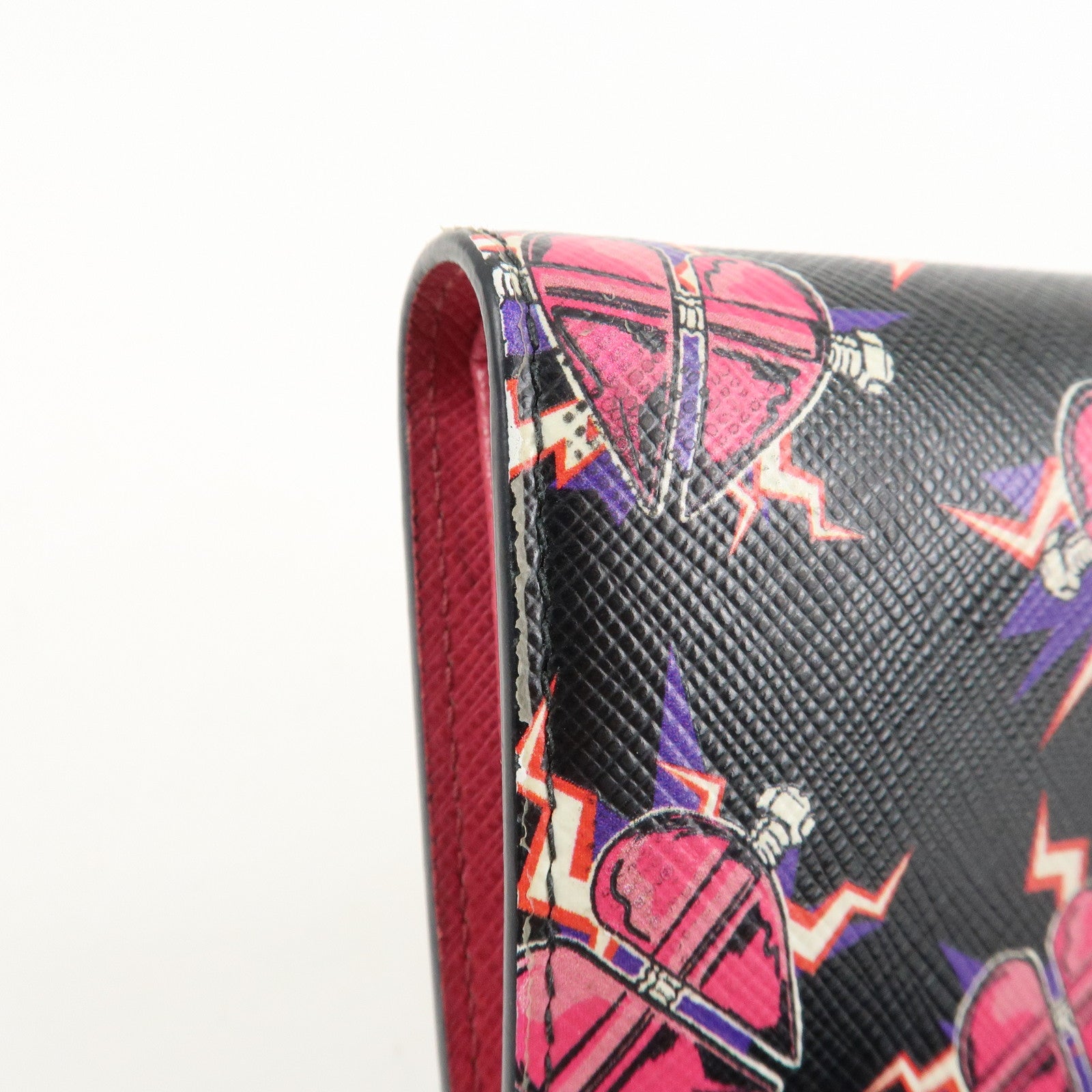 PRADA Logo Saffiano Leather Heart Print Bi-fold Wallet 1MV204 Used