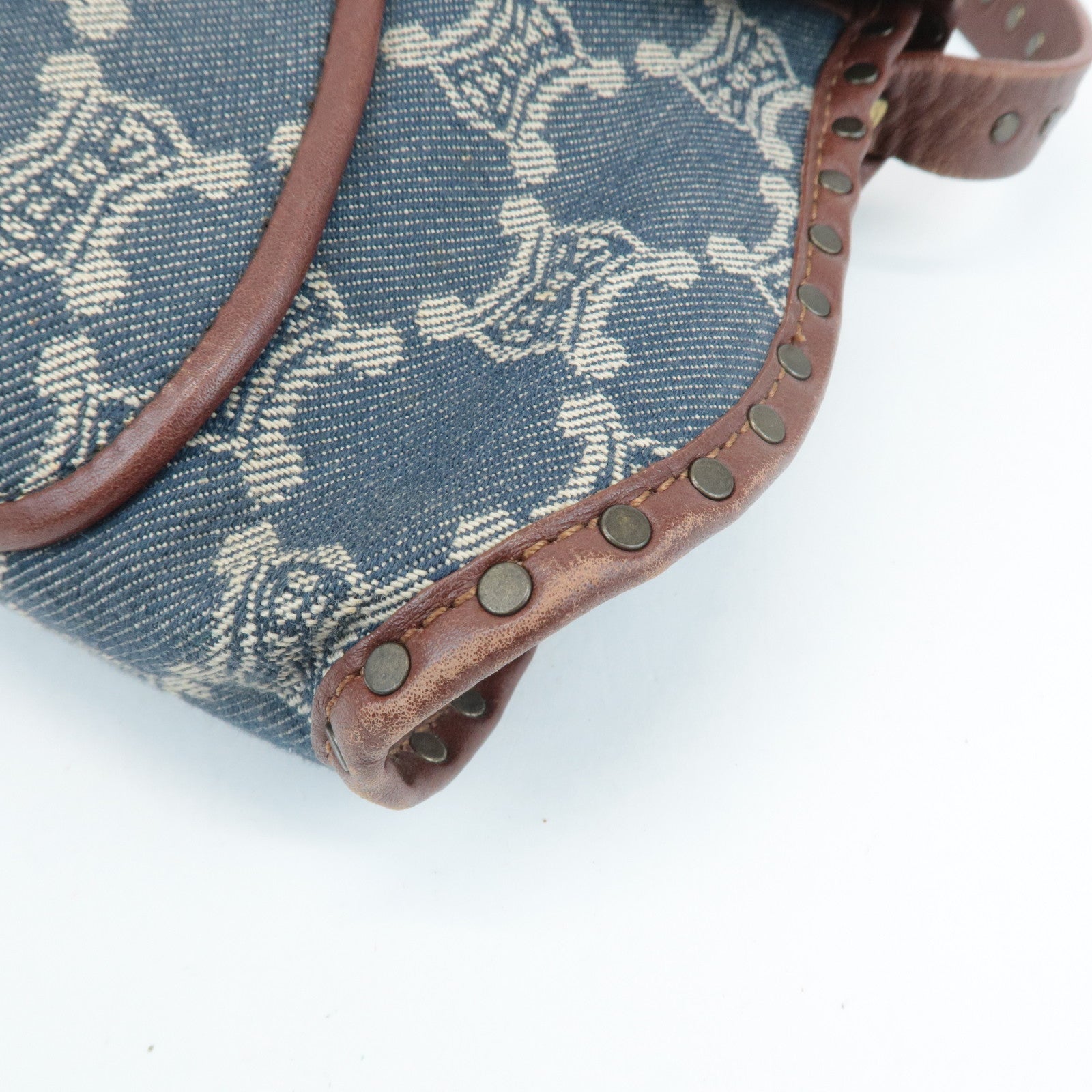 CELINE Macadam Denim Leather Shoulder Bag Blue Brown Used