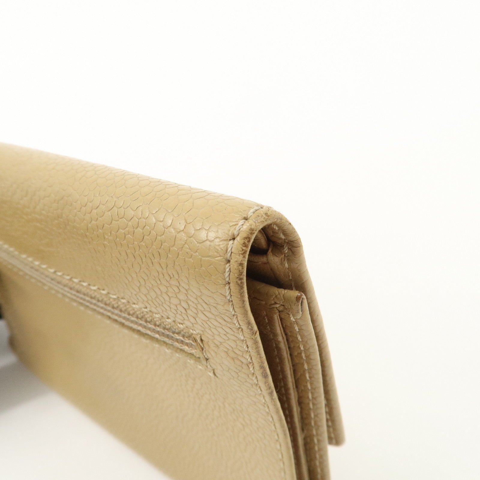 CHANEL Caviar Skin COCO Mark Tri-Fold Wallet Beige Gold Used