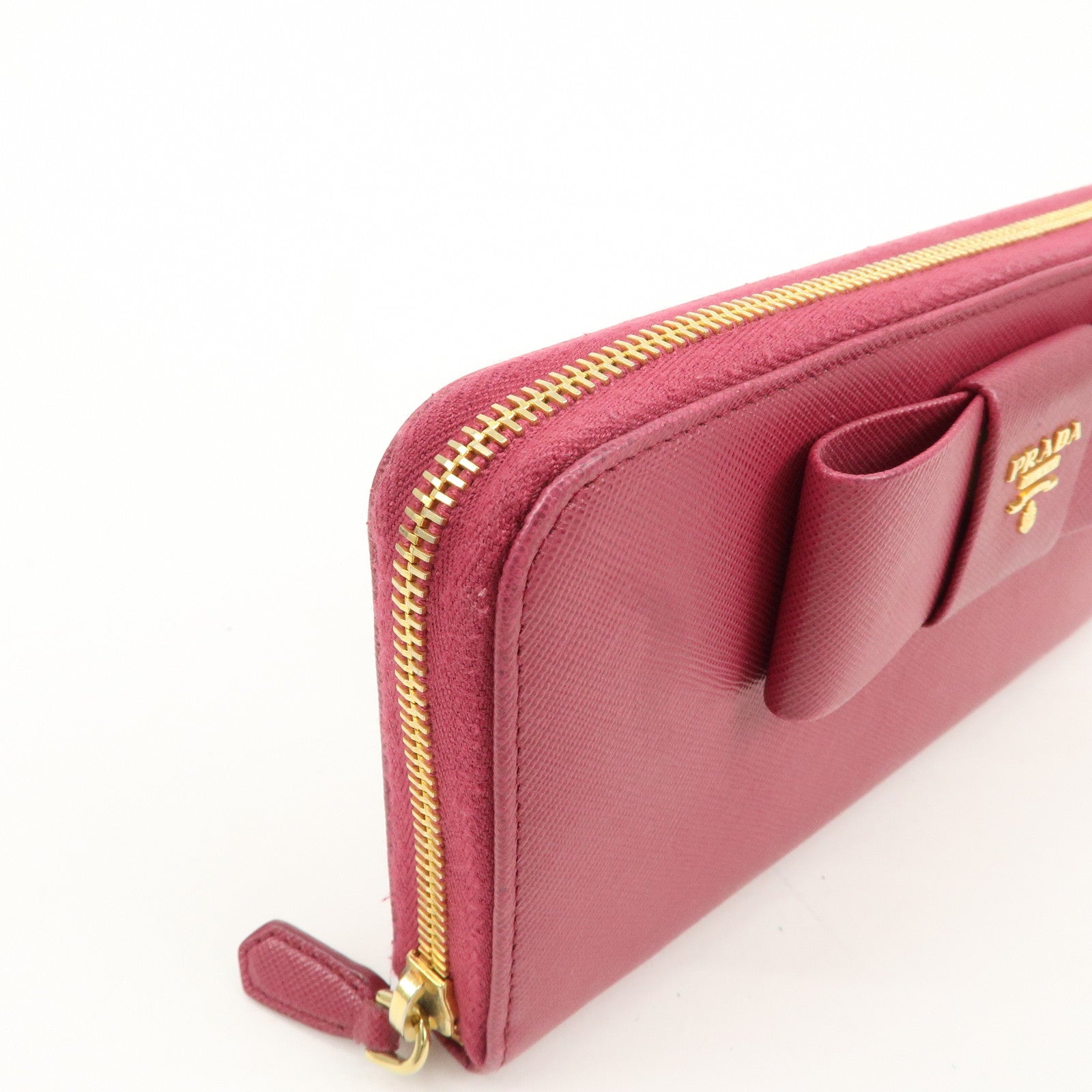 PRADA Logo Saffiano Leather Round Zipper Long Wallet Pink 1M0506 Used