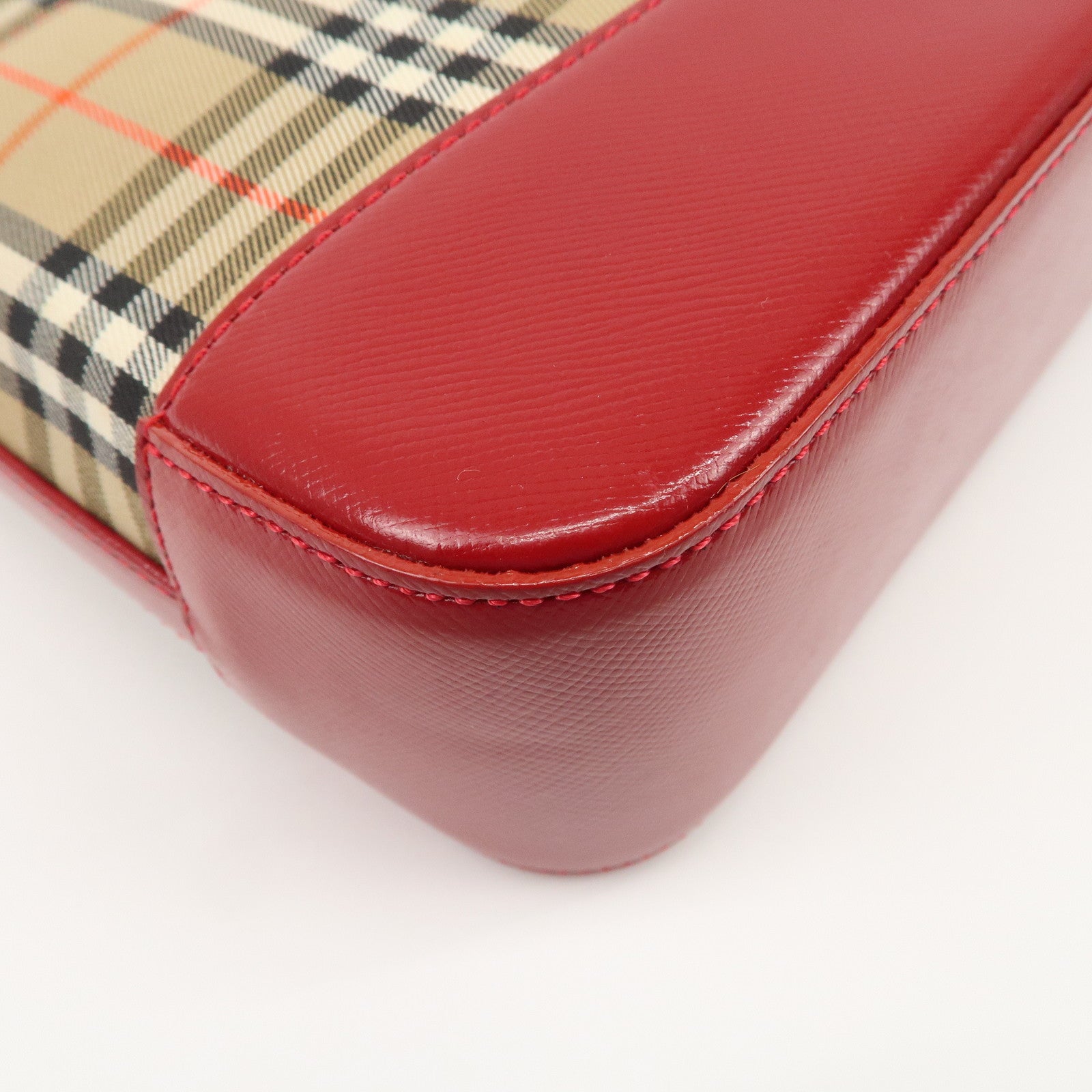 BURBERRY Nova Plaid Canvas Leather Shoulder Bag Hand Bag Red Used