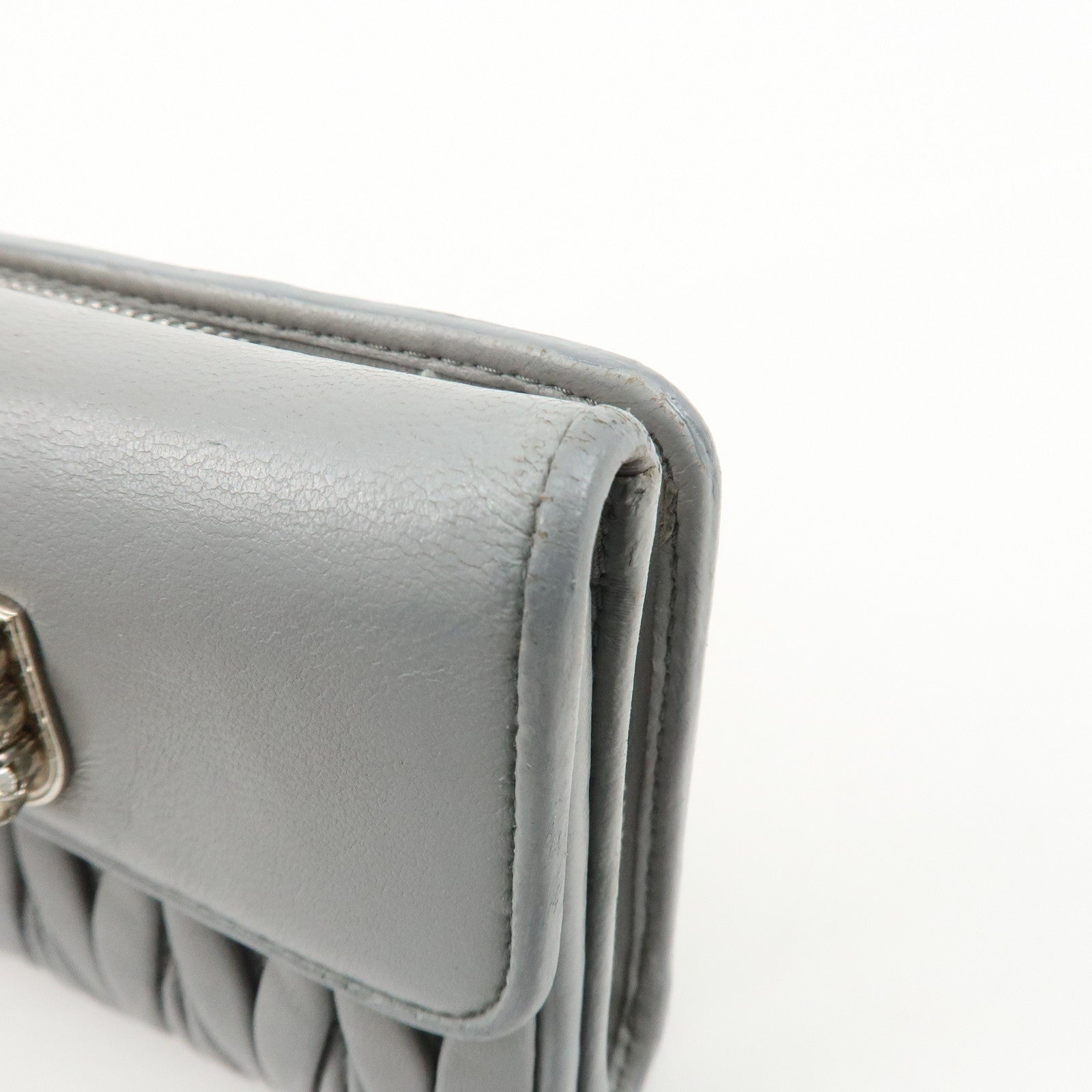 MIU MIU Matelasse Leather Bijoux Studs Tri-fold Wallet Gray Used