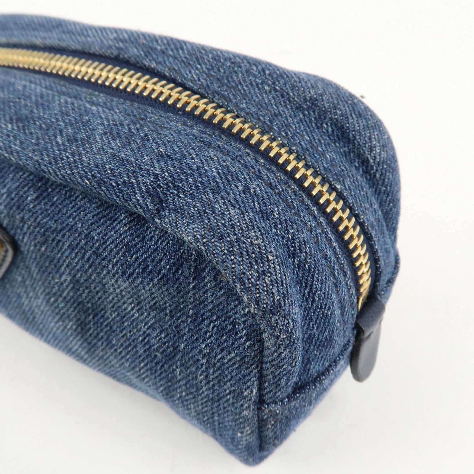 PRADA Triangle Logo Denim Pouch Cosmetic Pouch Blue Used