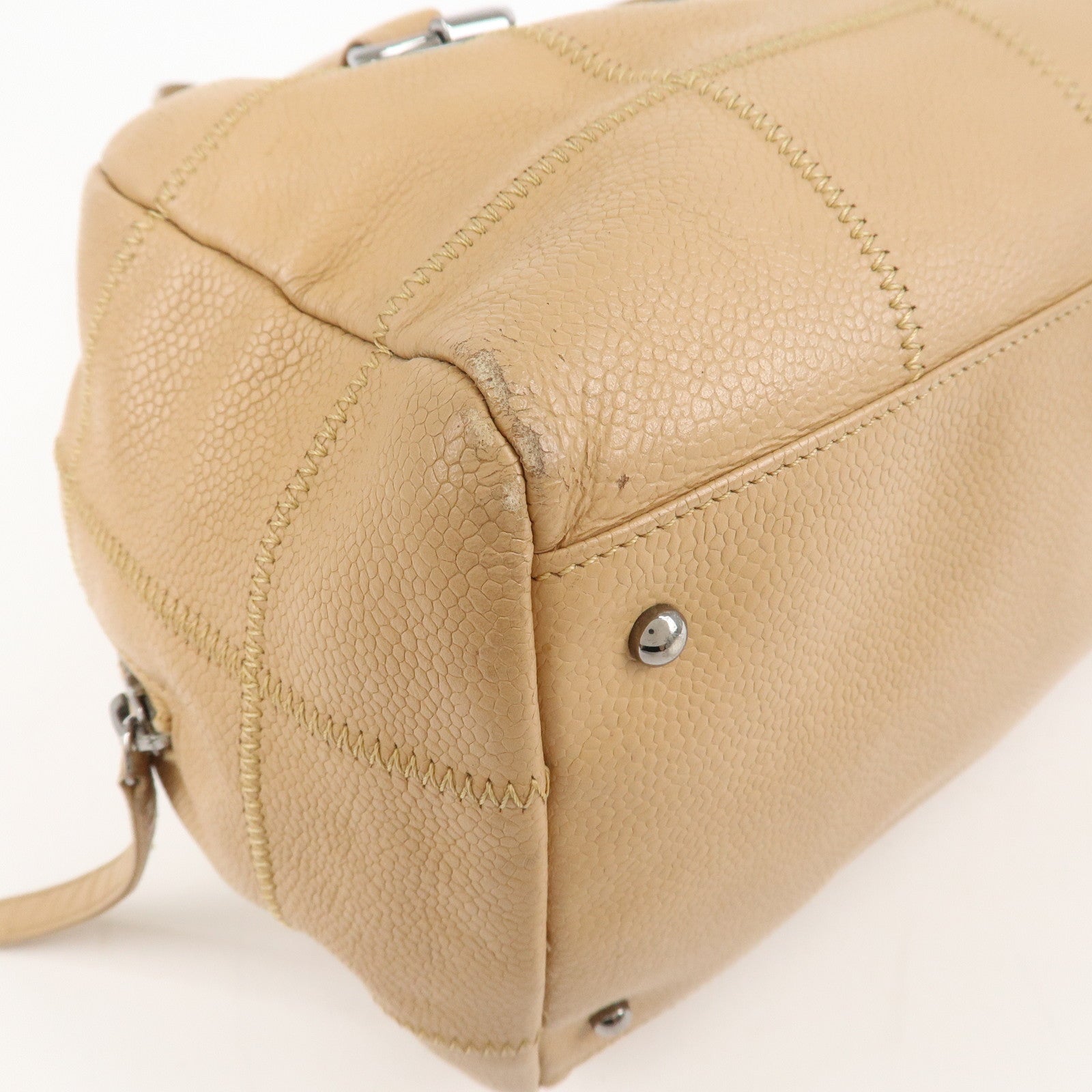 CHANEL Chocolate Bar Caviar Skin Mini Boston Bag Beige A26135 Used