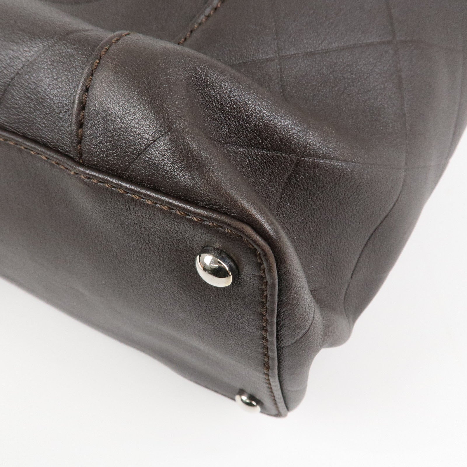 CHANEL COCO Mark Shevron Lamb Skin V Stich Tote Bag Dark Brown Used