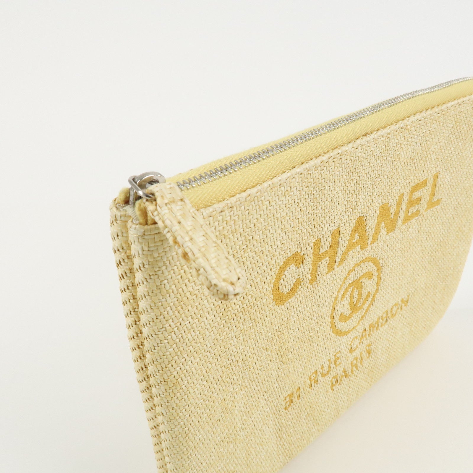 CHANEL Deauville Straw Clutch Bag Pouch Yellow A80117 Used