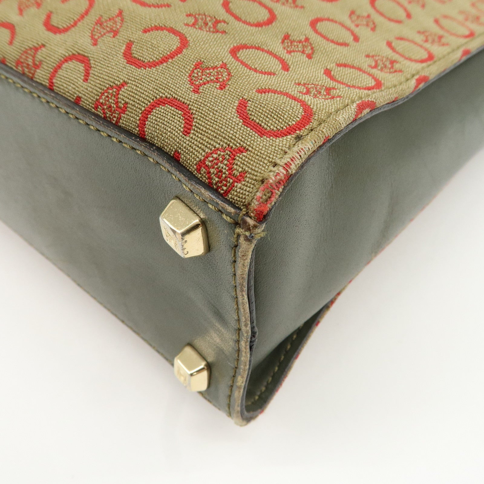 CELINE Macadam Canvas Hand Bag Brown Red Khaki Used