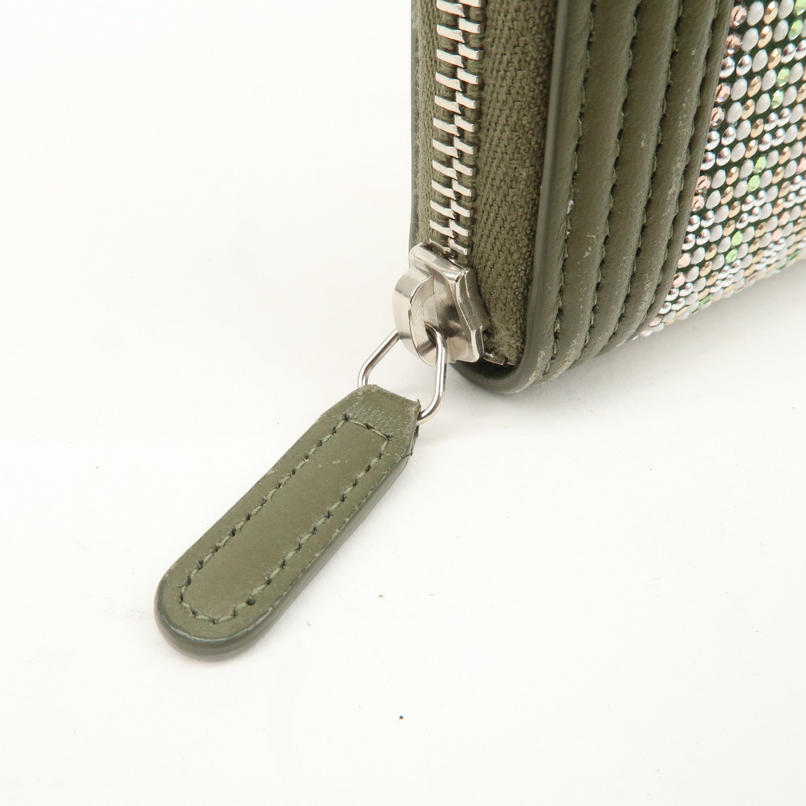 CHANEL Boy Chanel Rhine Stone Leather Round Zipper Long Wallet Used