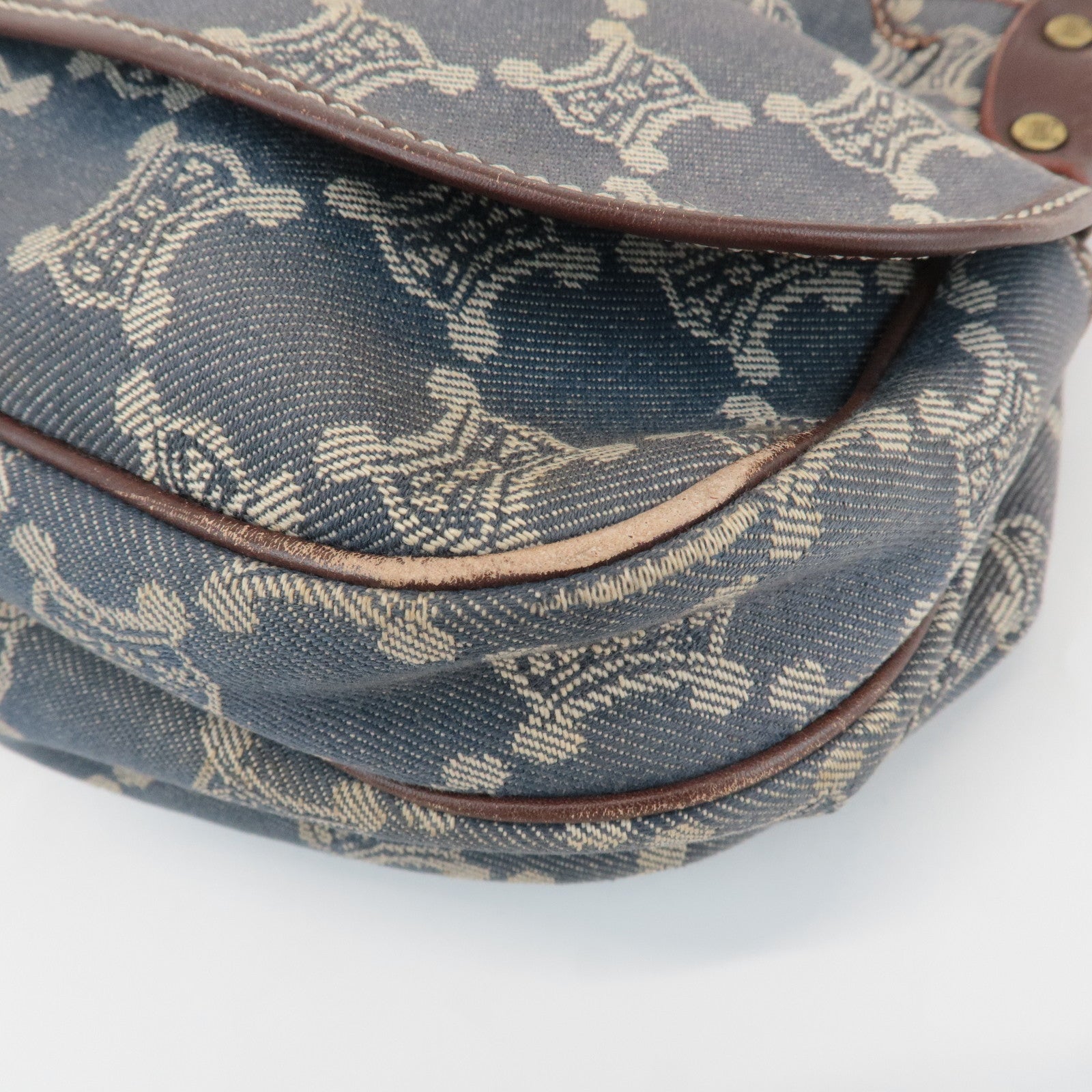 CELINE Macadam Denim Leather Shoulder Bag Blue Brown Used