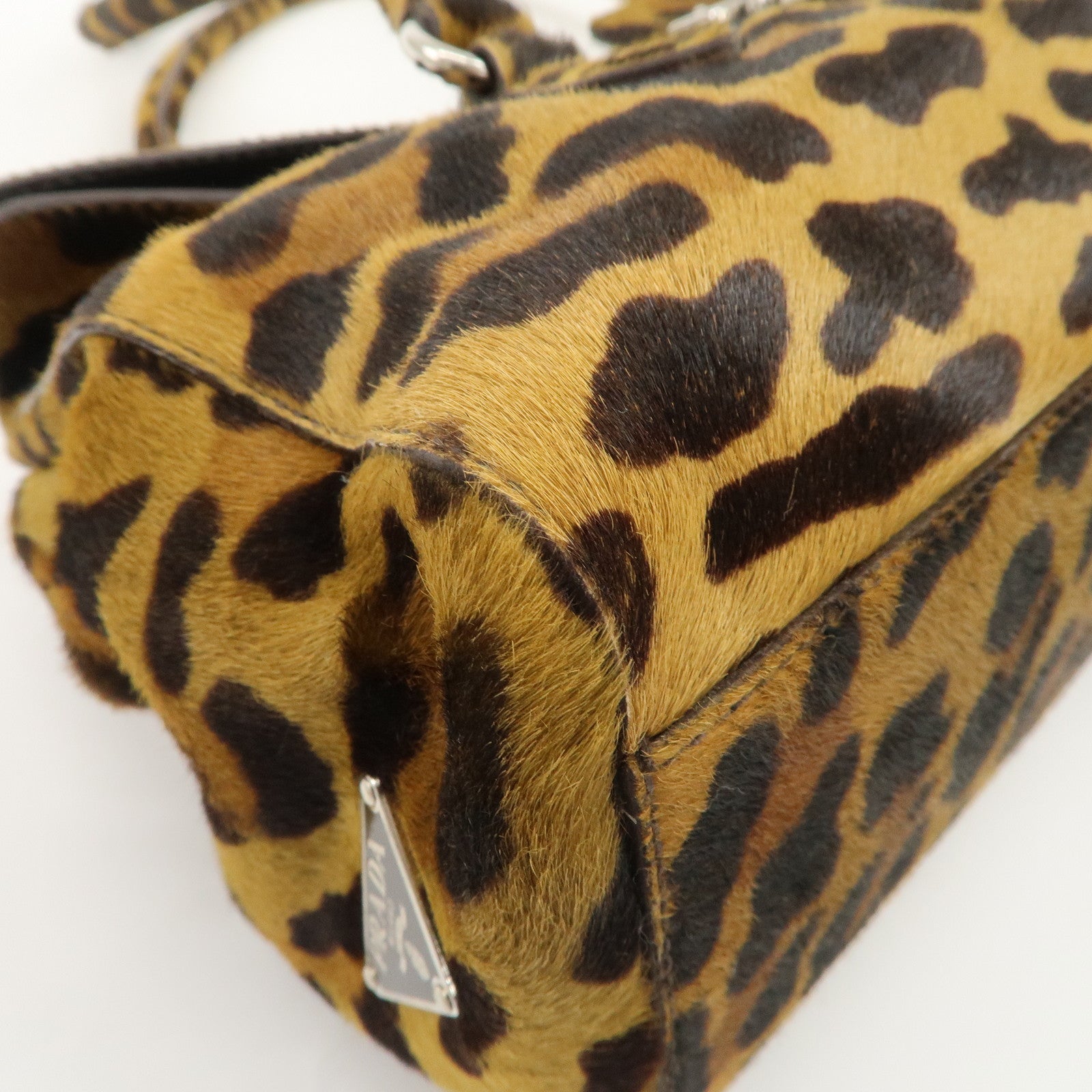 PRADA Logo Unborn Calf Leopard Shoulder Bag Hand Bag Brown Used