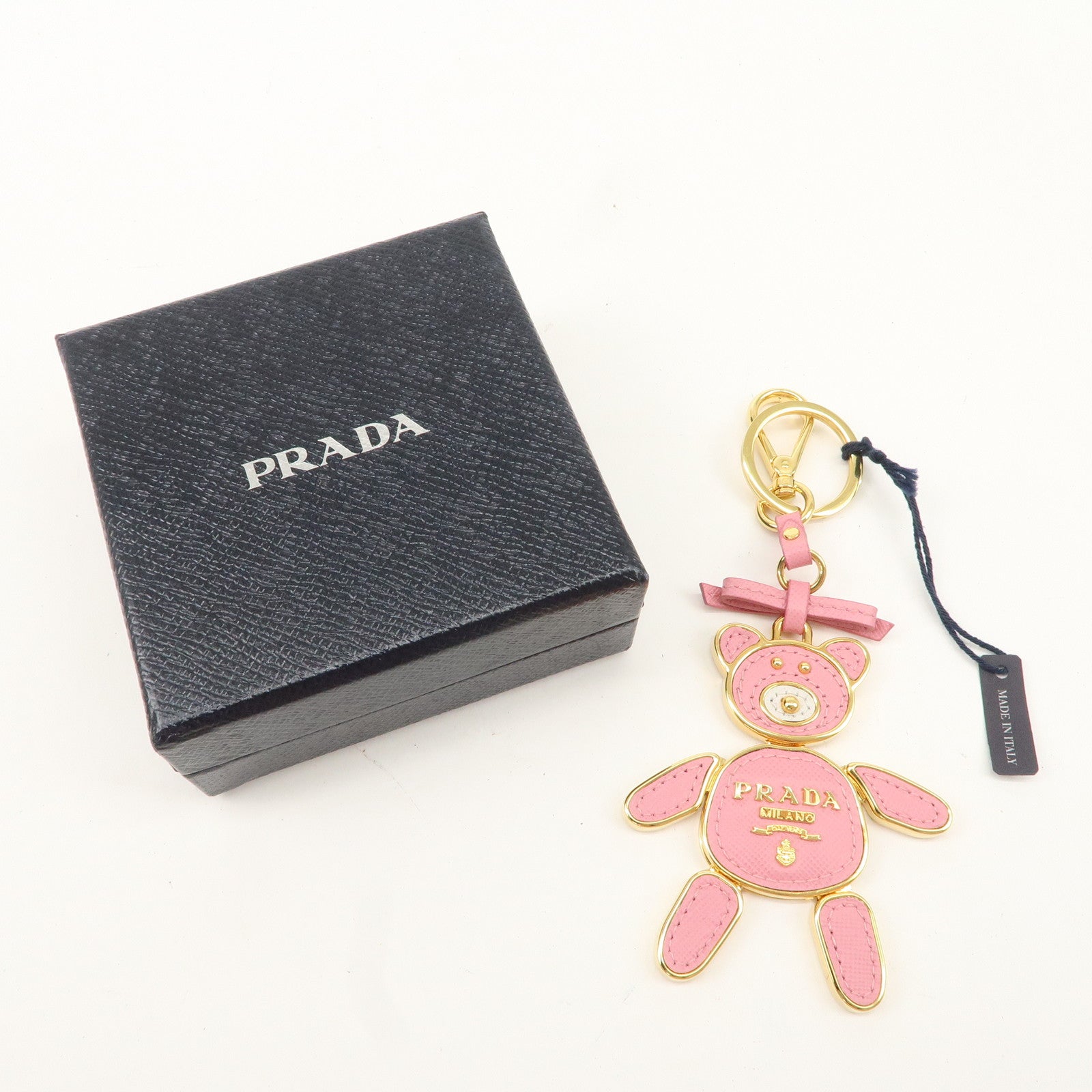 PRADA Saffiano Leather Metal Bear Bag Charm Key Chain Pink Used
