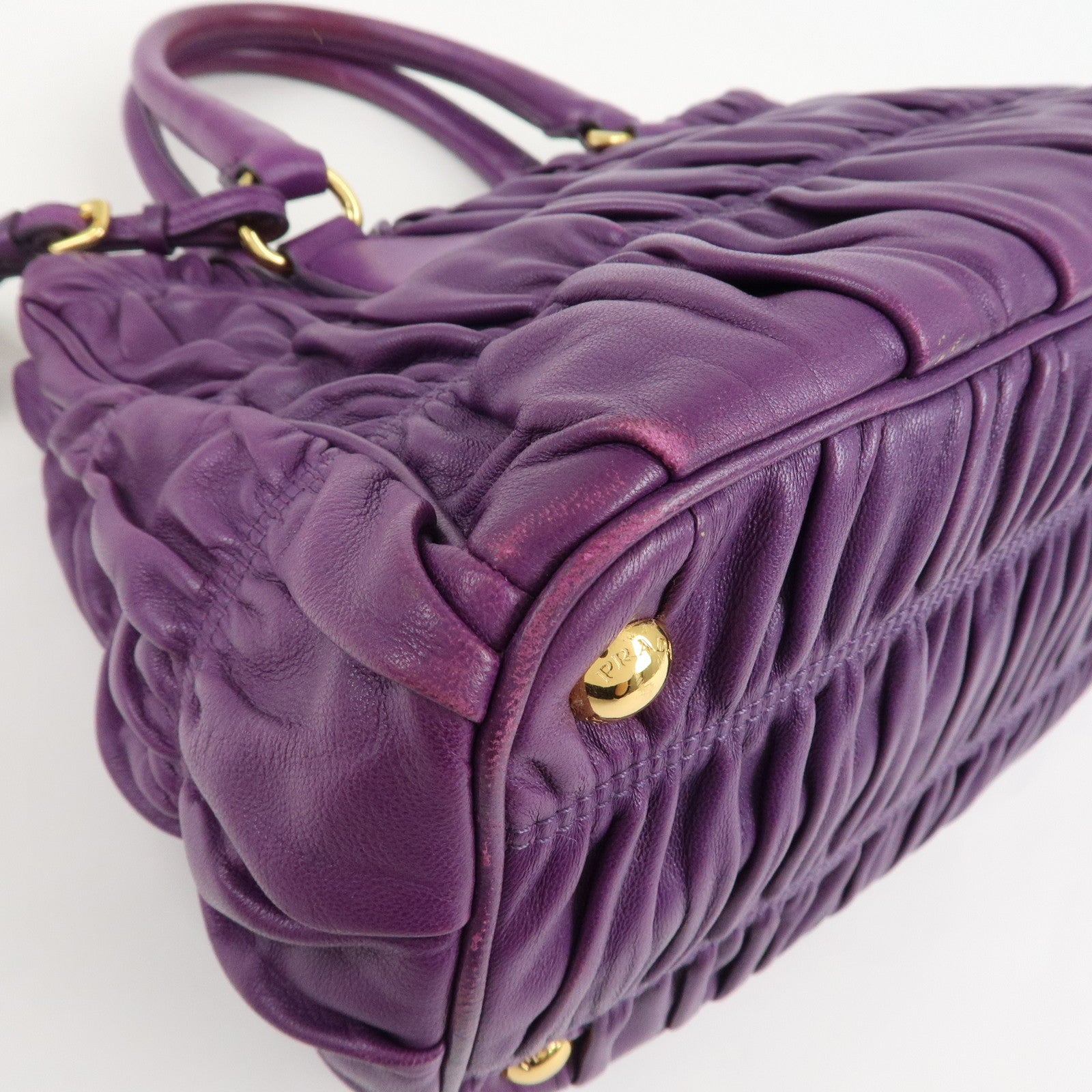PRADA Leather Gathered Hand Bag Purple Gold Hardware BN2394 Used