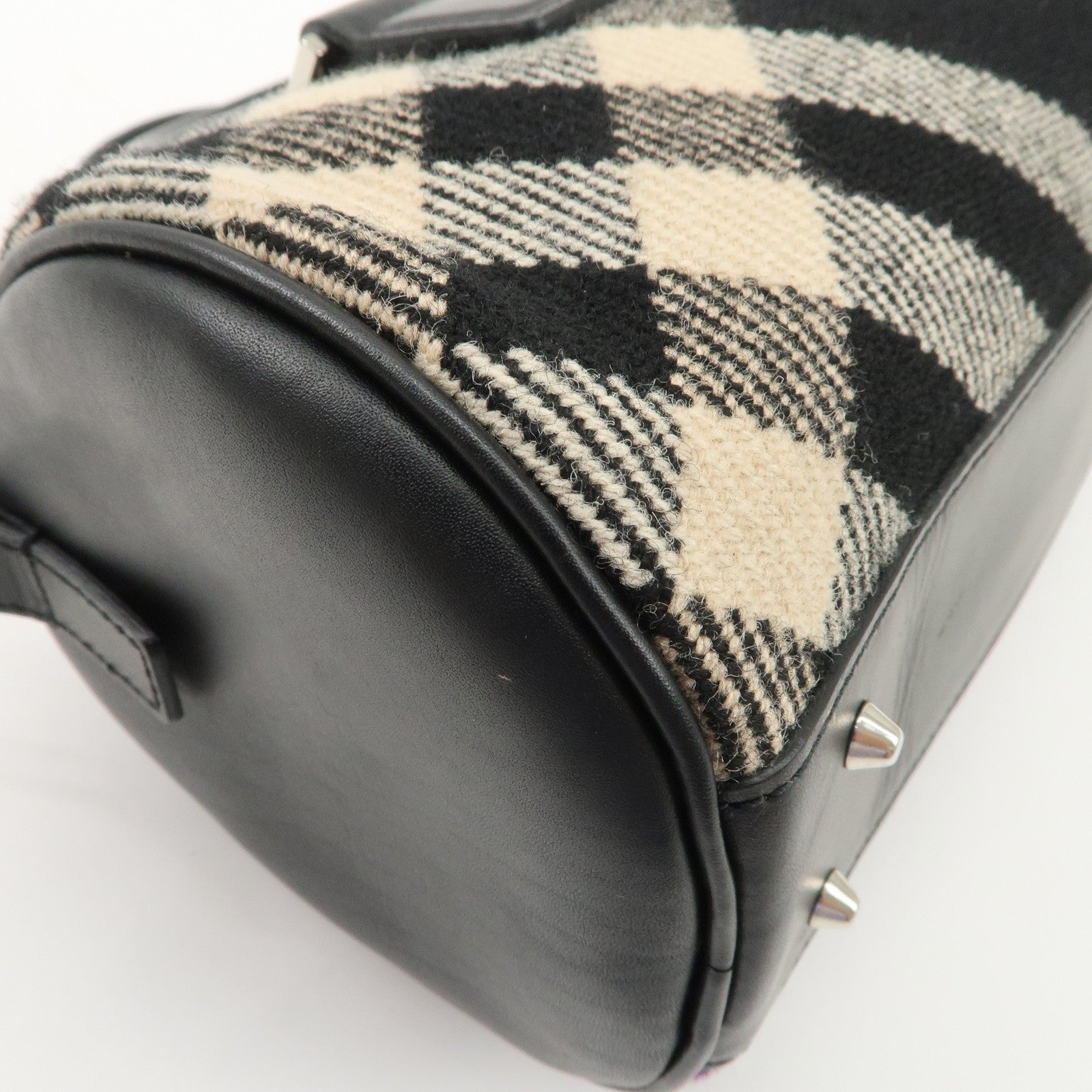 BURBERRY Wool Leather Boston Bag Hand Bag Black Beige Purple Used