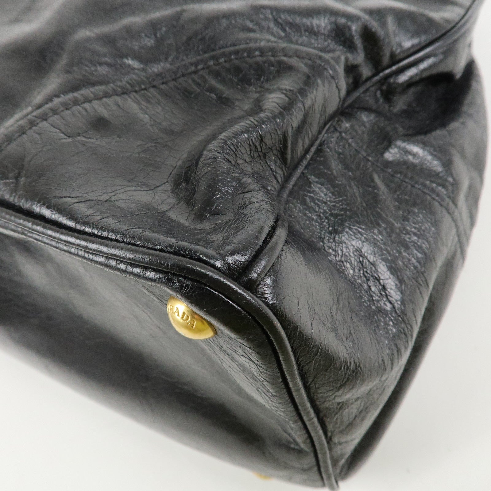 PRADA Leather 2way Bag Hand Bag Shoulder Bag Black Gold HDW Used