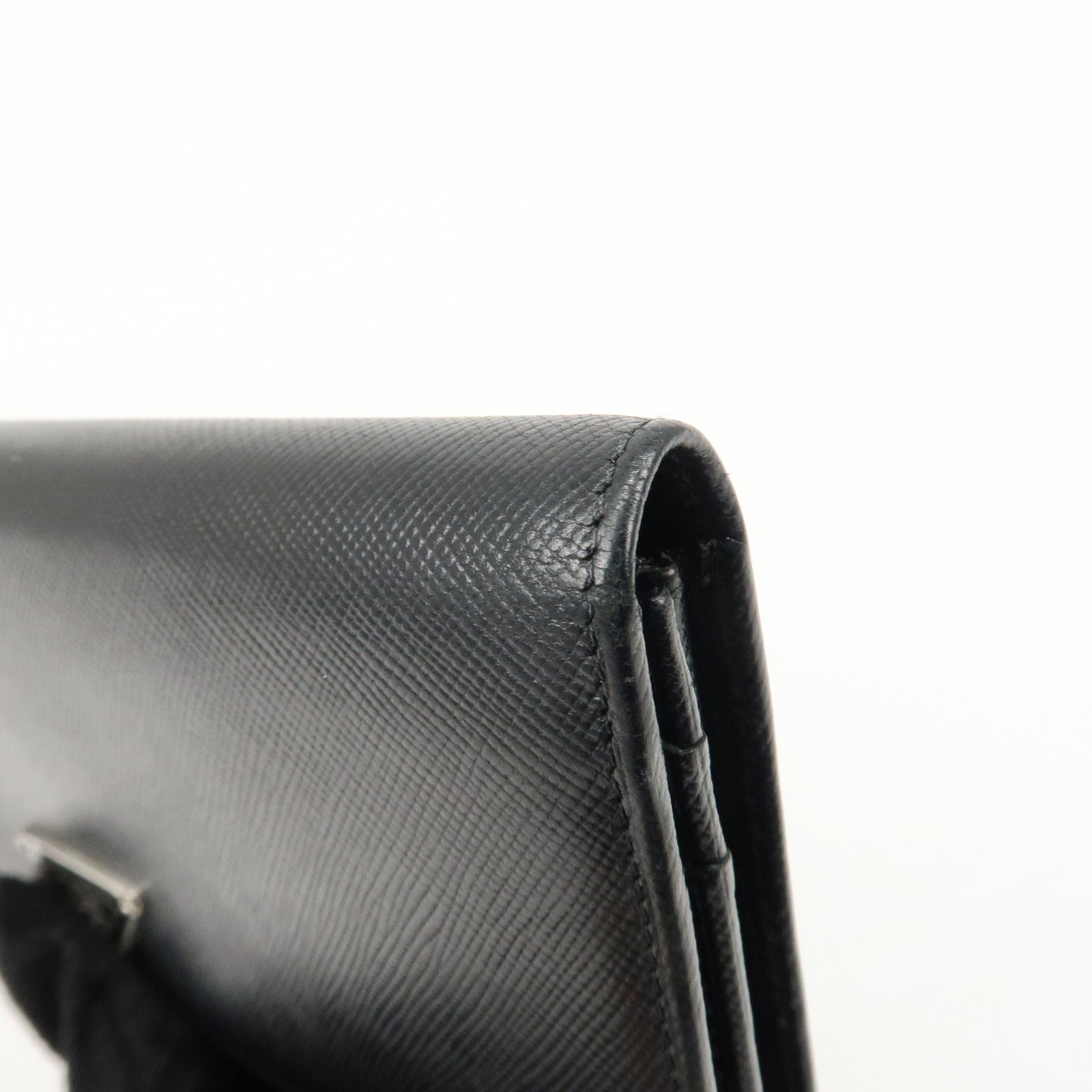 PRADA Leather Bi-fold Long Wallet Black Silver Hardware Used