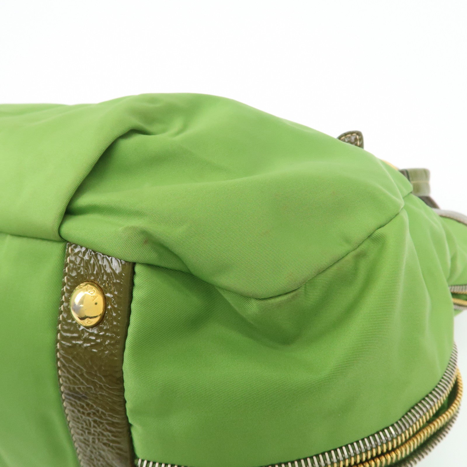 PRADA Nylon Patent Leather Tote Bag Shoulder Bag Green Khaki Used