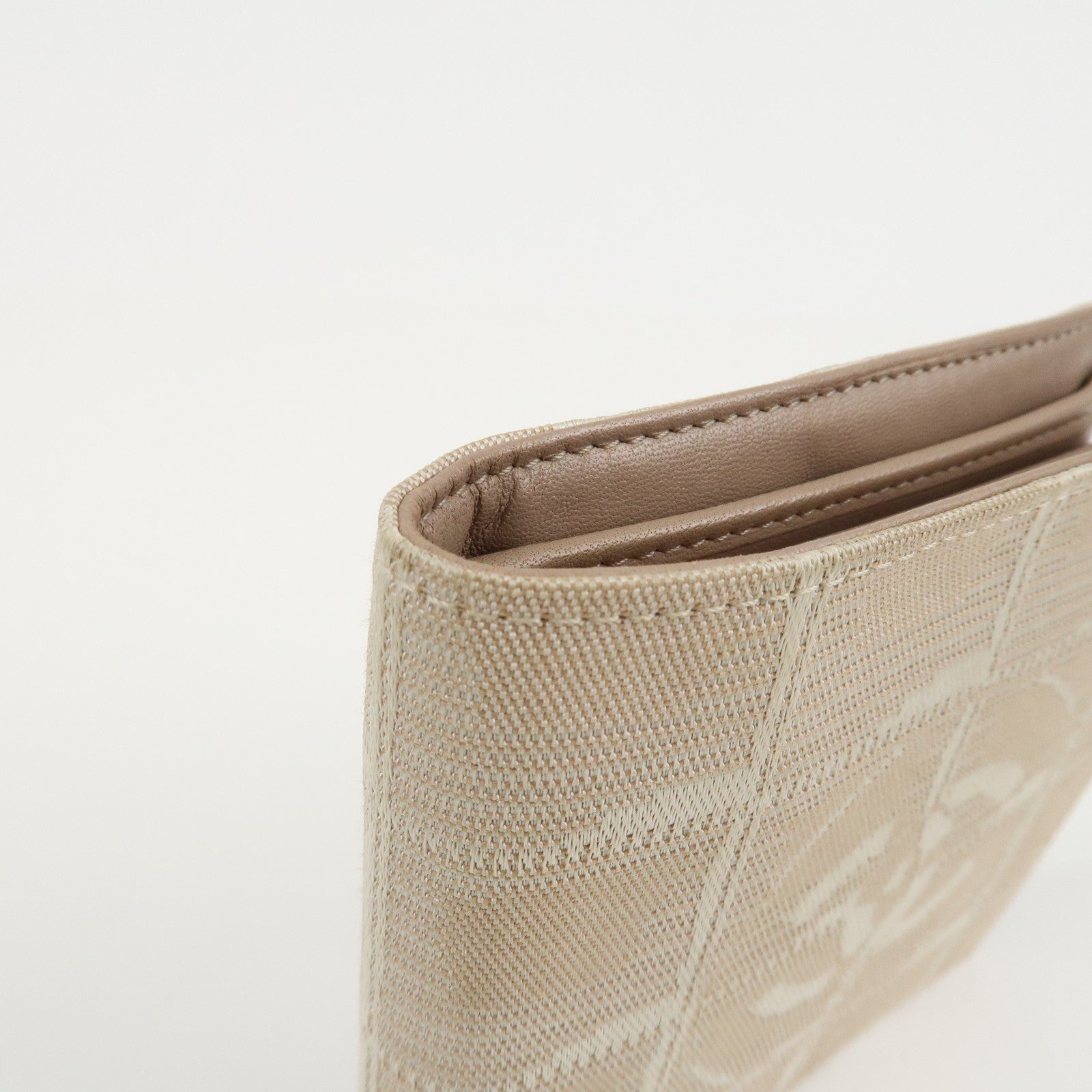 CHANEL New Travel Line Nylon Jacquard Bi-hold Compact Wallet Beige Used