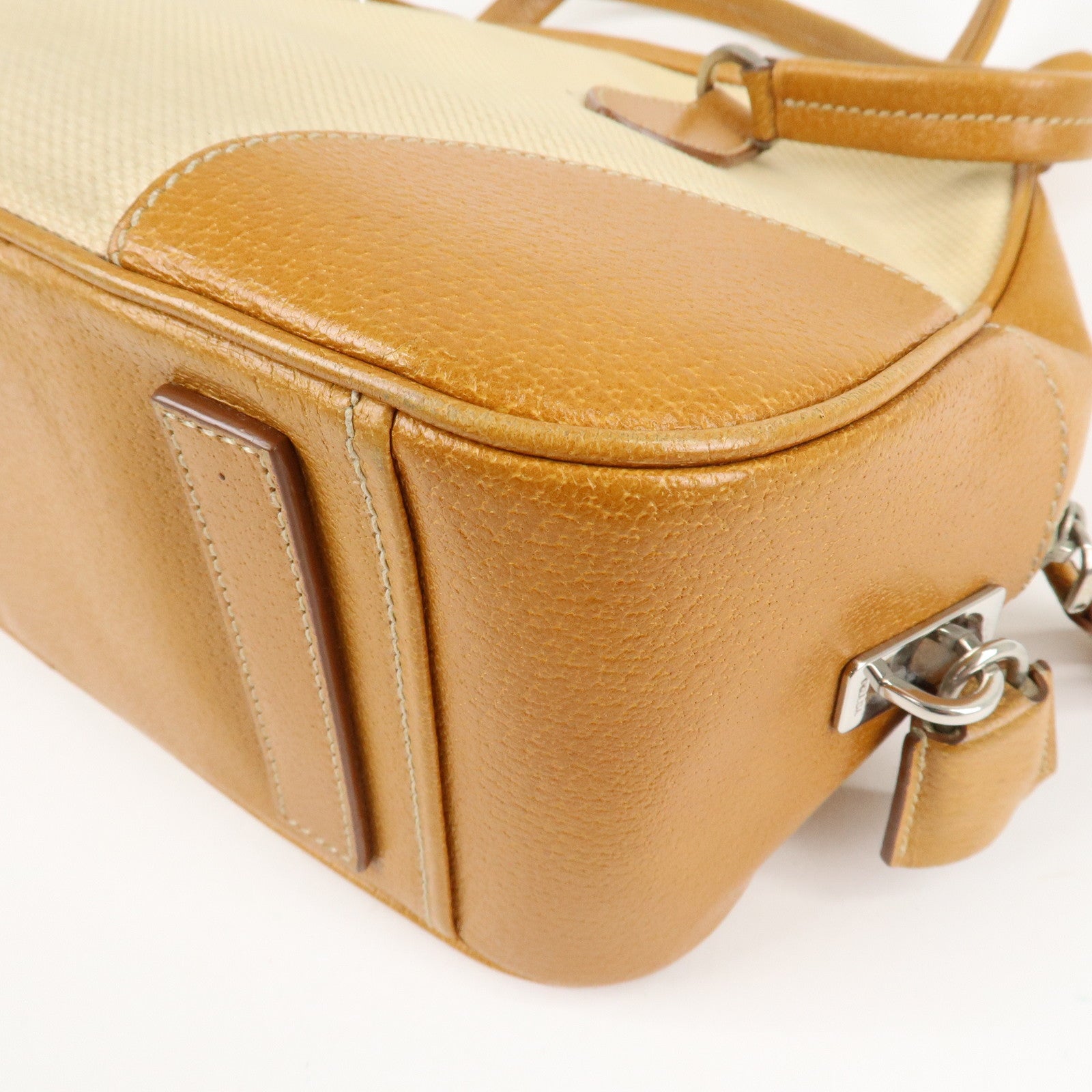PRADA Canvas Leather Triangle Logo Boston Bag Ivory Brown Used