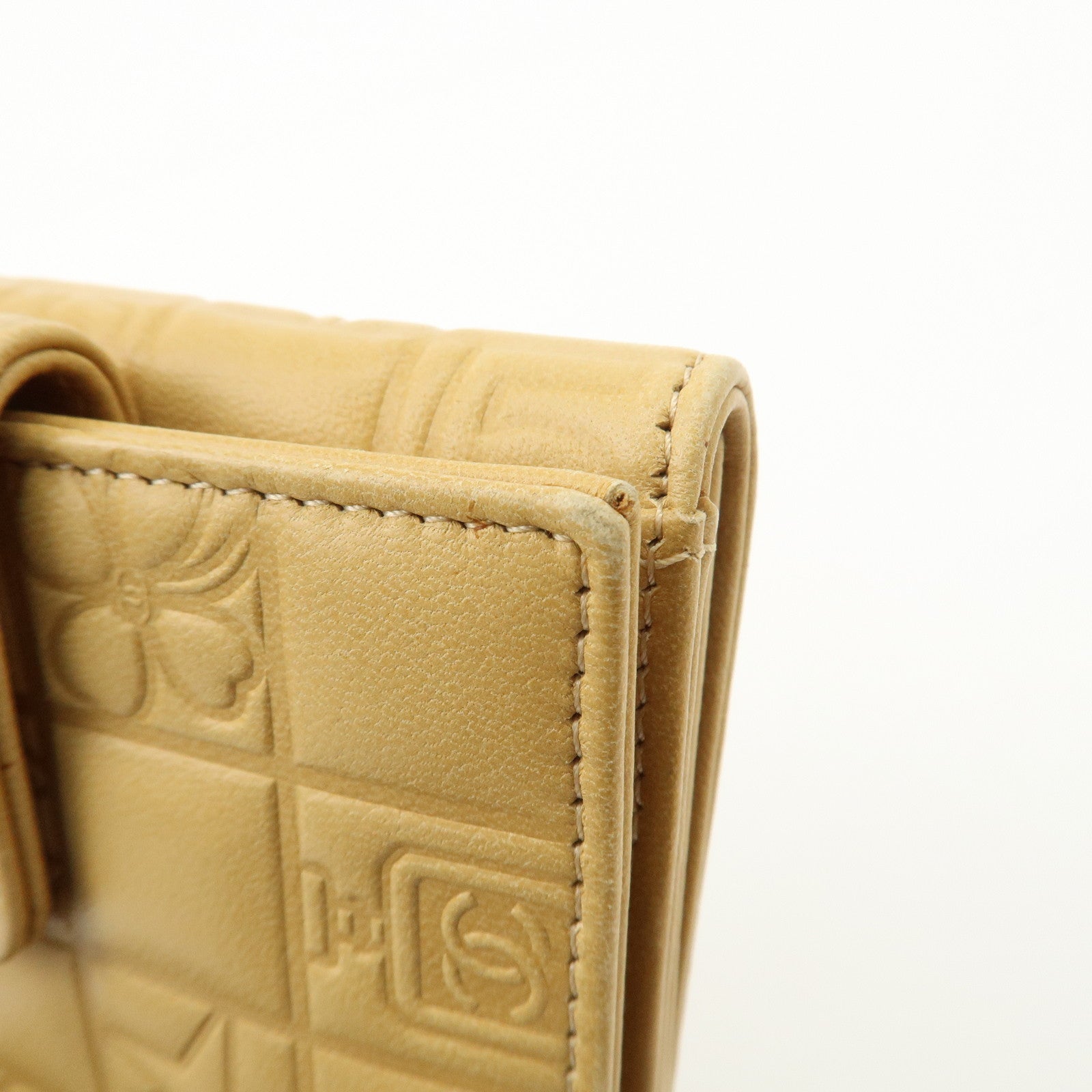 CHANEL Icon Line Lamb Skin W Flap Bi-fold Wallet Beige A24212 Used