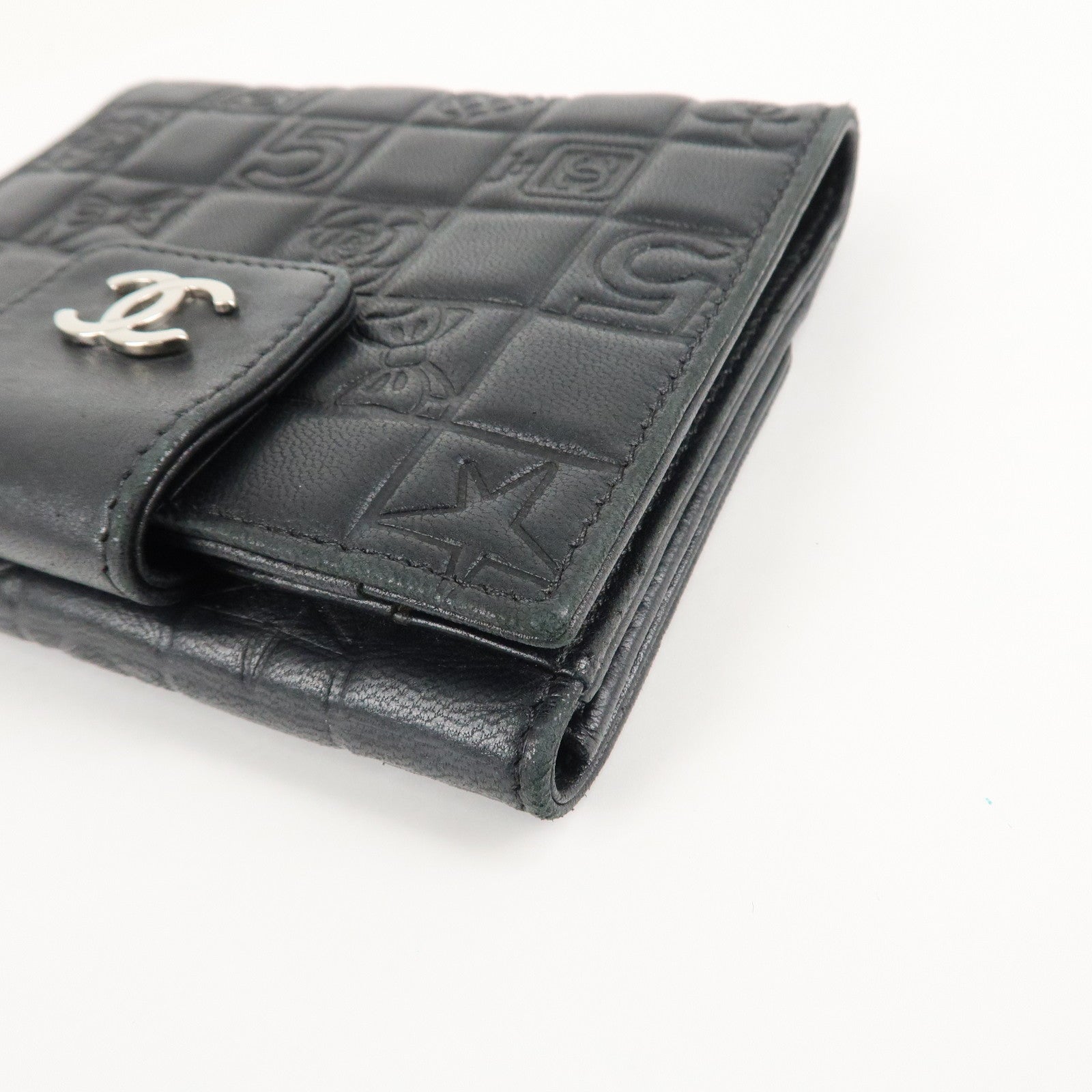 CHANEL Icon Line Lamb Skin W Flap Bi-fold Wallet Black A24212 Used