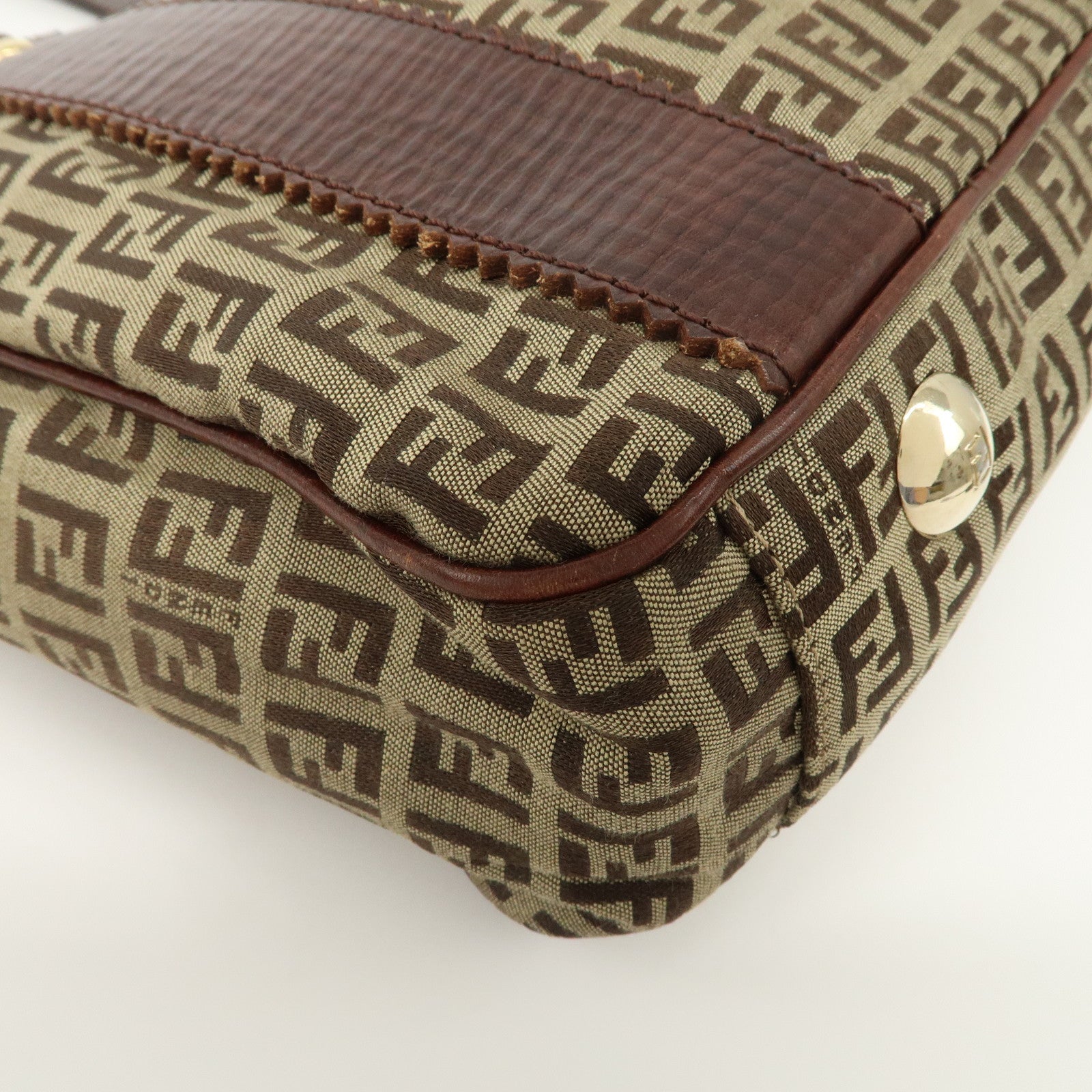 FENDI Zucchino Canvas Leather Tote Bag Khaki Brown 8BH161 Used