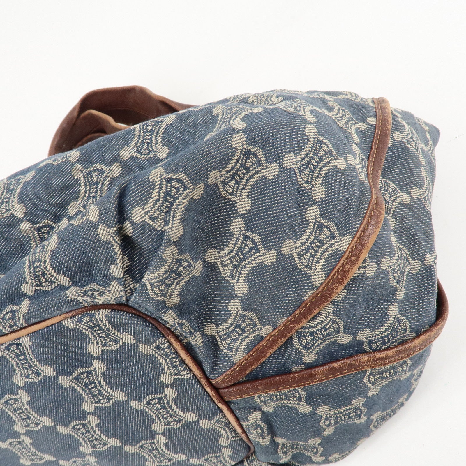 CELINE Macadam Denim Leather Bittersweet Shoudler Bag Navy Brown Used