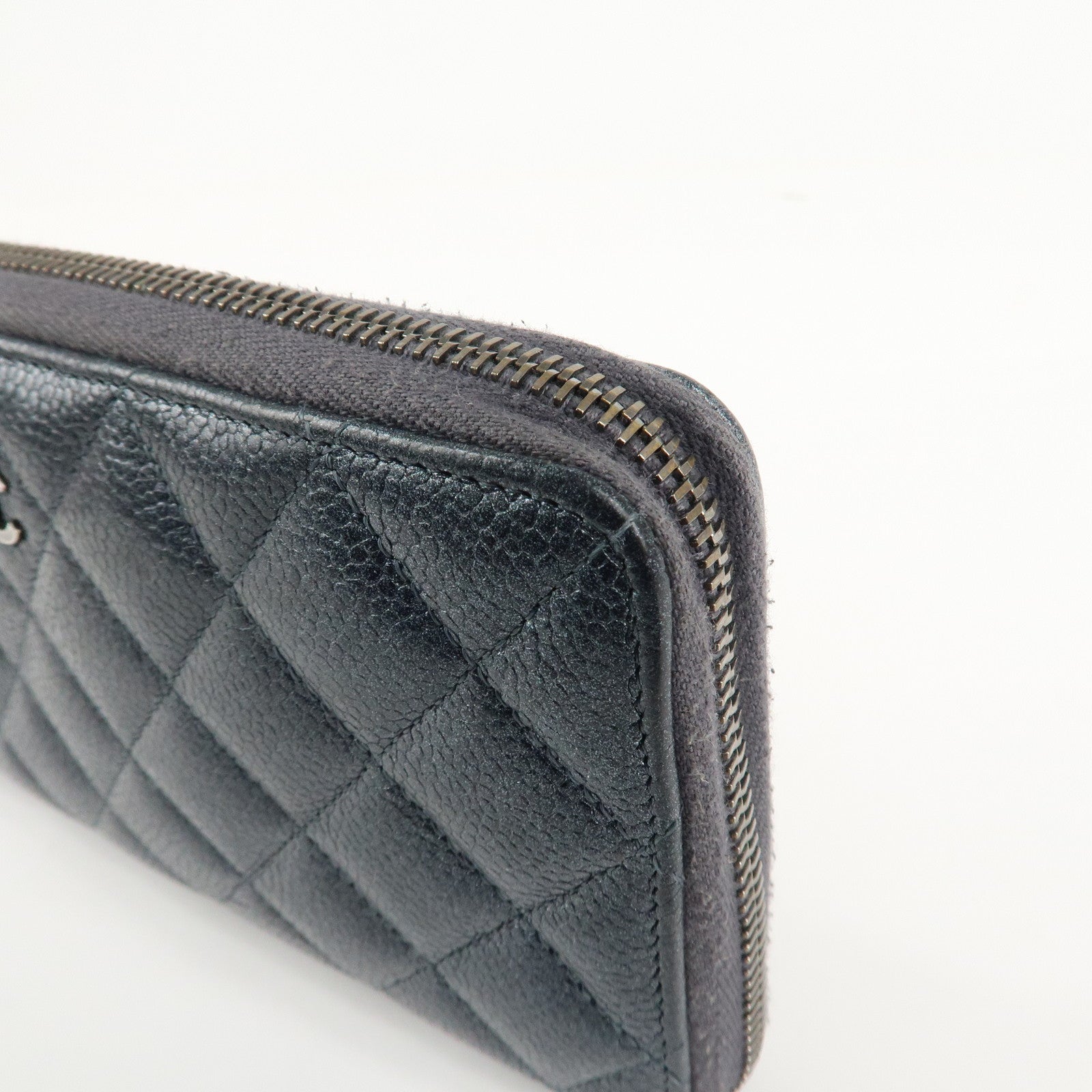 CHANEL Matelasse Caviar Skin Zip Around Long Wallet Metal Blue Used