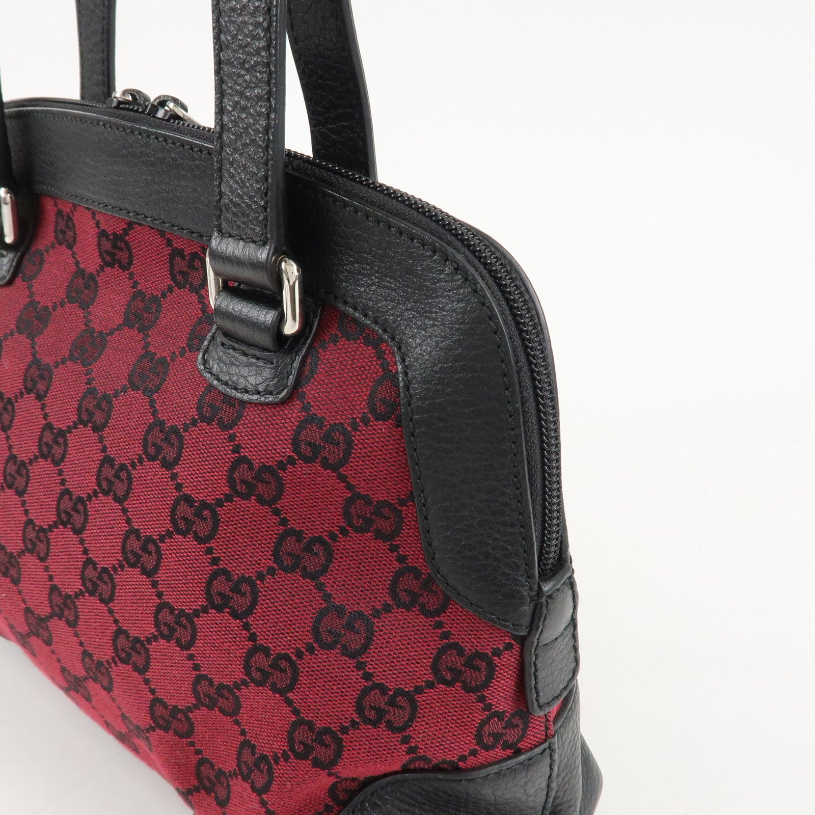 GUCCI GG Canvas Leather Tote Bag Hand Bag Black Red 272378 Used