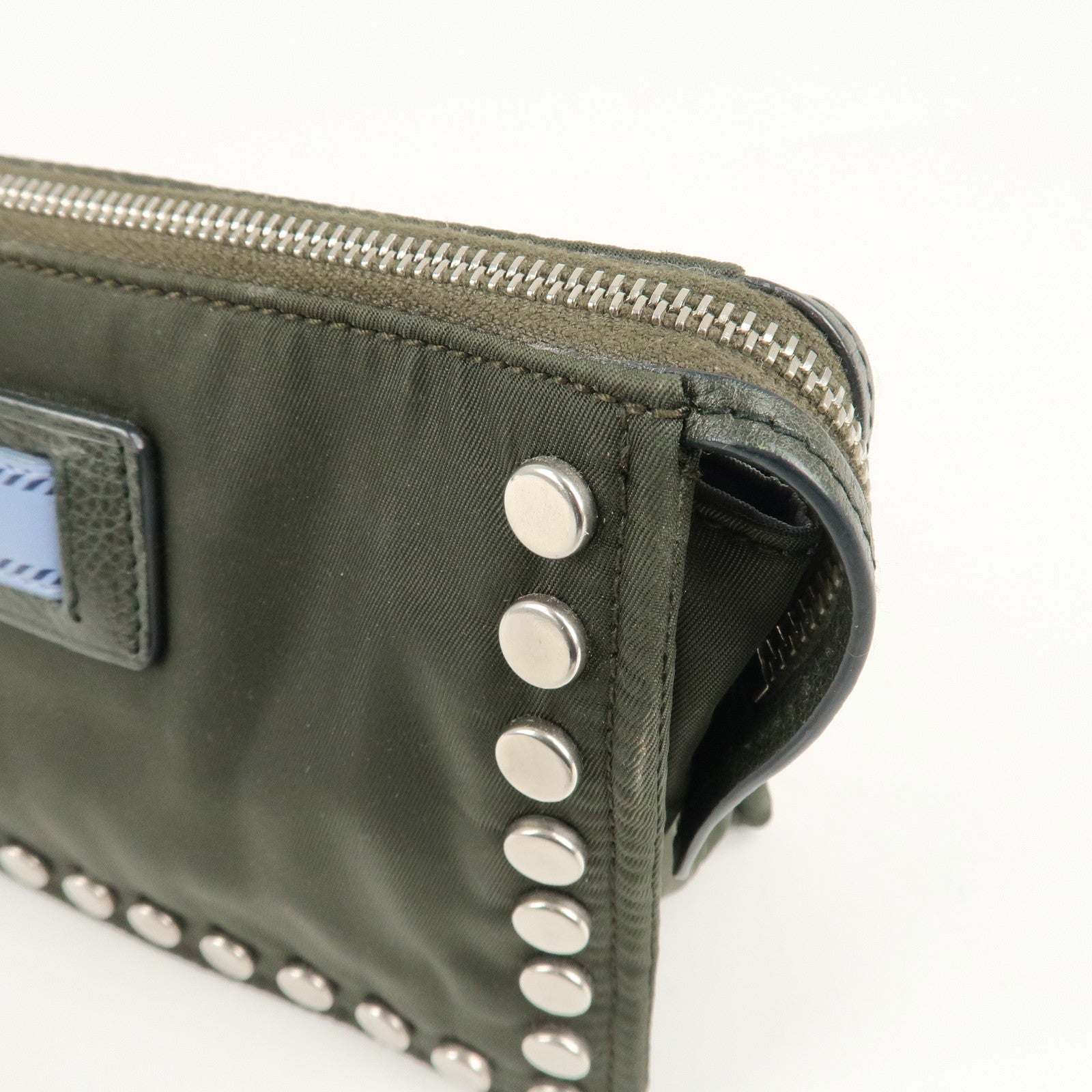 PRADA Tessuto Travel Pouch Studs Military Silver HDW Used