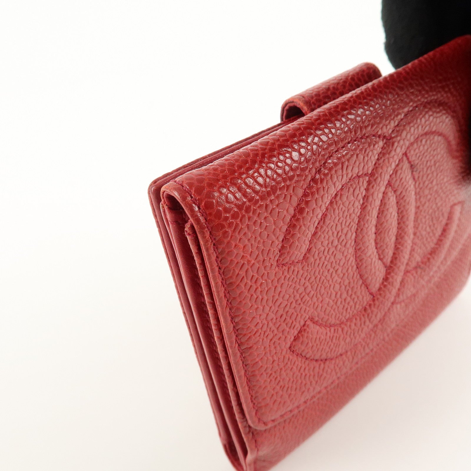 CHANEL Caviar Skin Coco Mark W Hook Compact Wallet A01427 Used