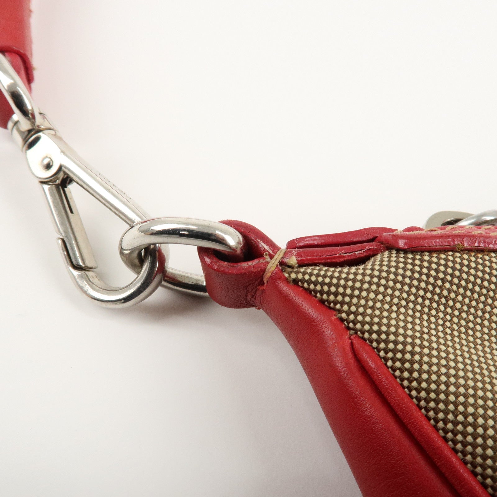 PRADA Logo Jacquard Leather Shoulder Bag Beige Red Used