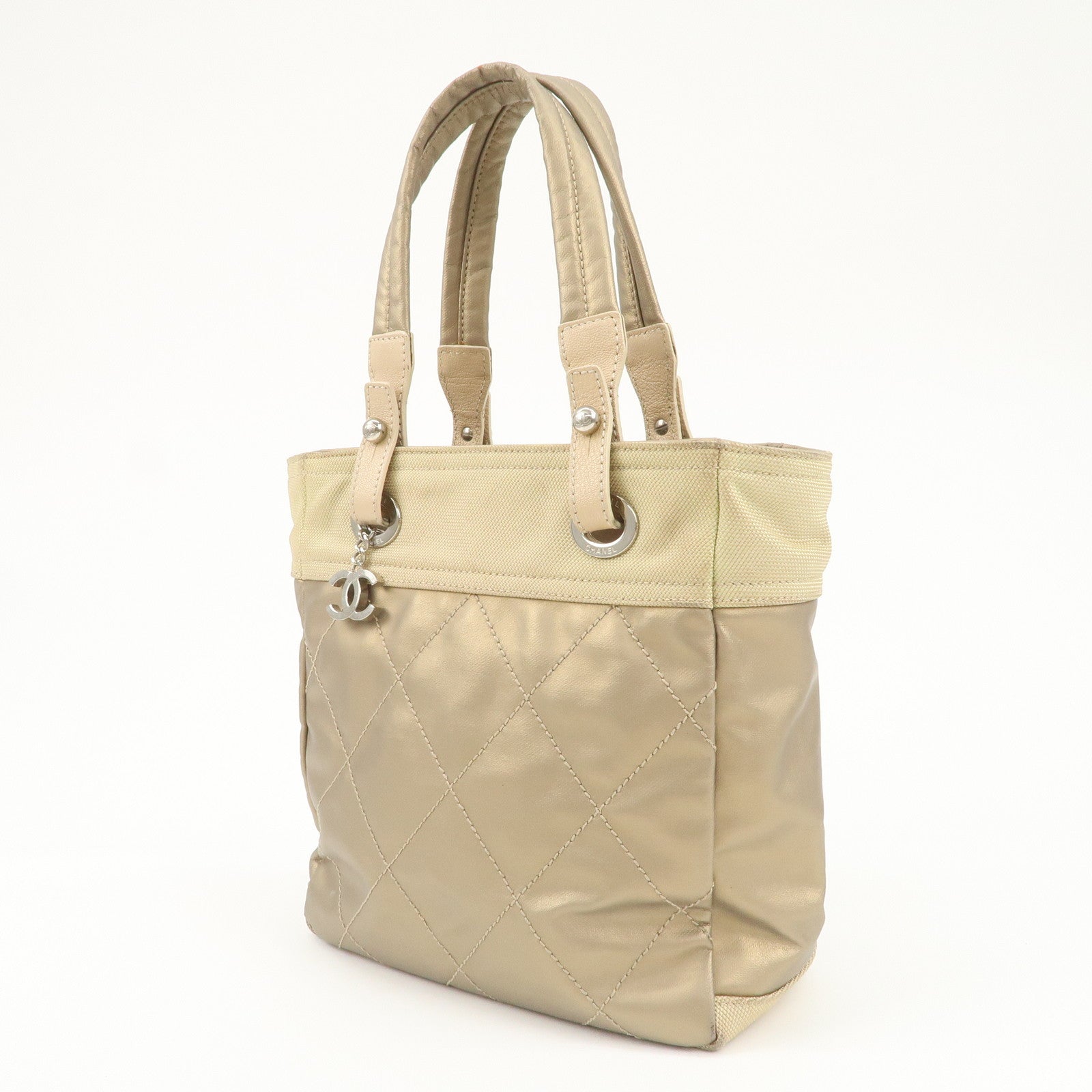 CHANEL Paris Biarritz PVC Canvas Leather Tote Bag PM A34208 Used