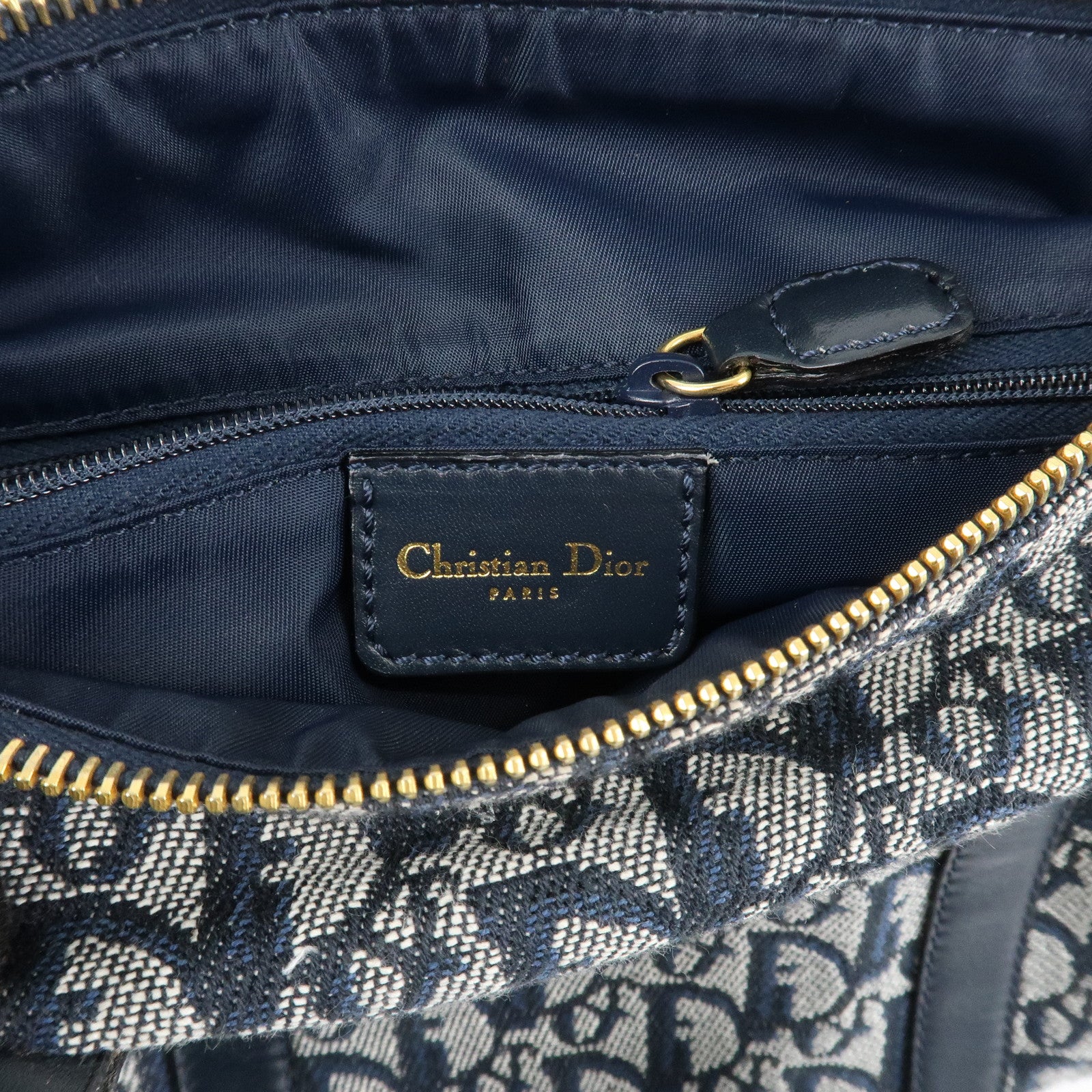 Christian Dior Trotter Leather Canvas Boston Bag Navy White Used