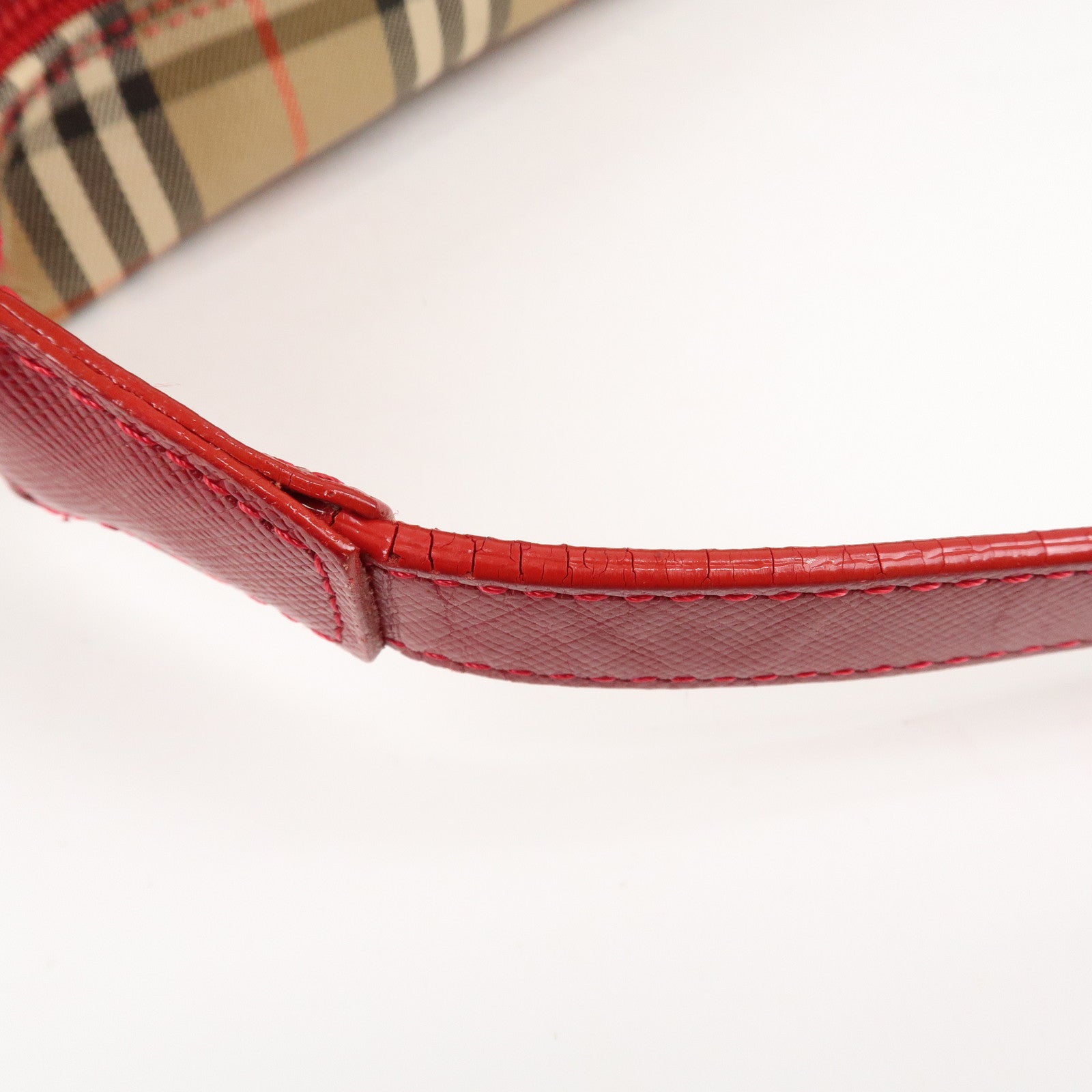 BURBERRY Nova Plaid Canvas Leather Shoulder Bag Hand Bag Red Used