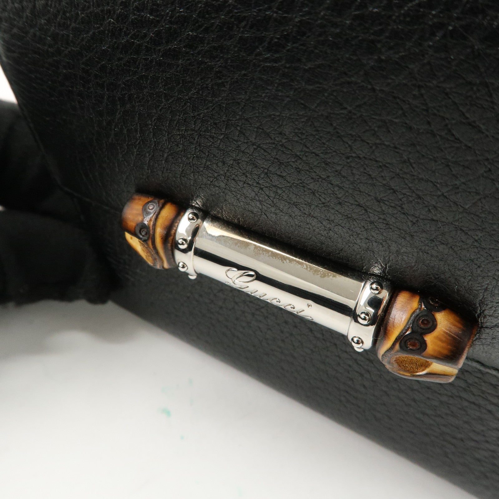 GUCCI Bamboo Leather W Hook Bi-fold Wallet Black 233049 Used