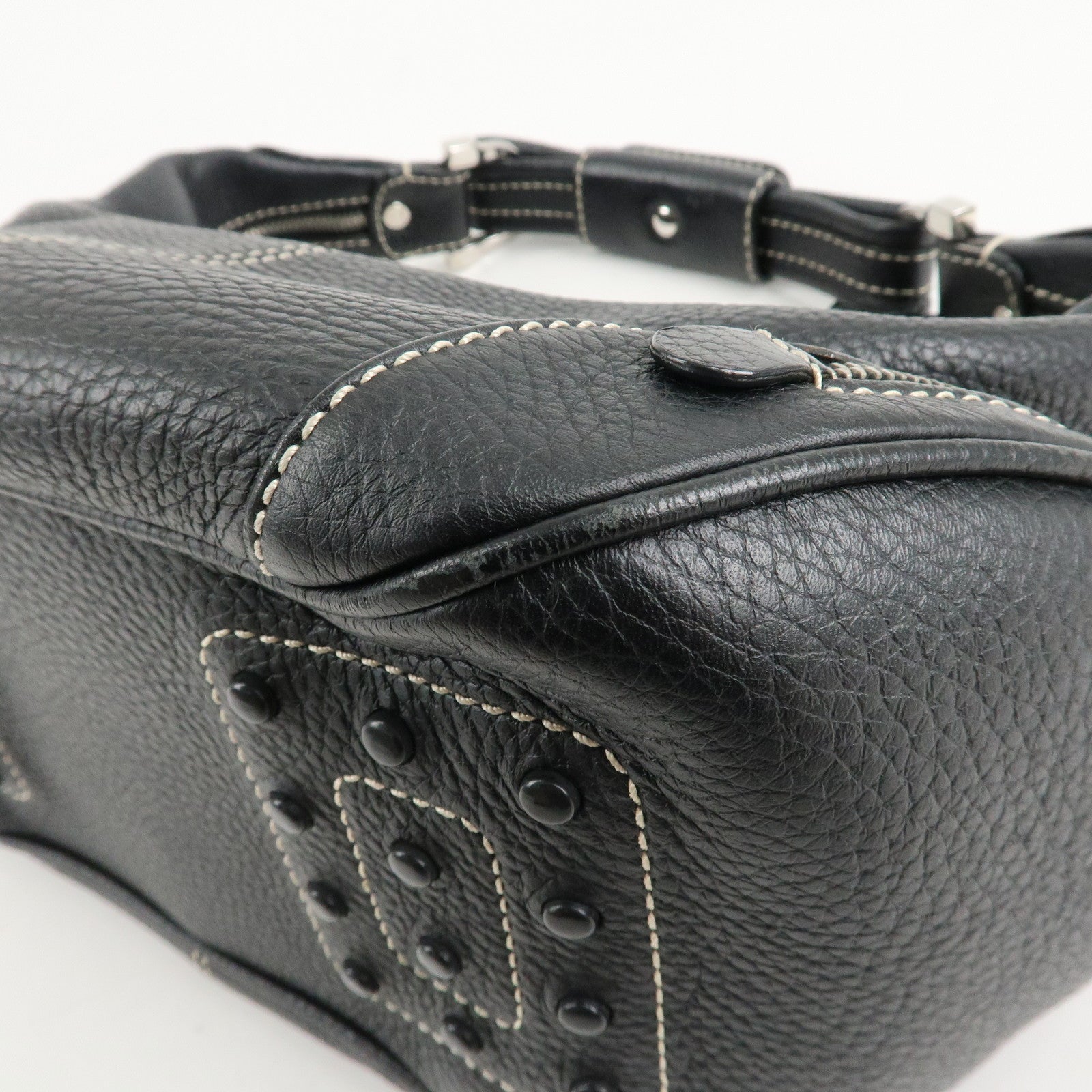 TOD'S Leather Shoulder Bag Hand Bag Black Silver Hardware Used