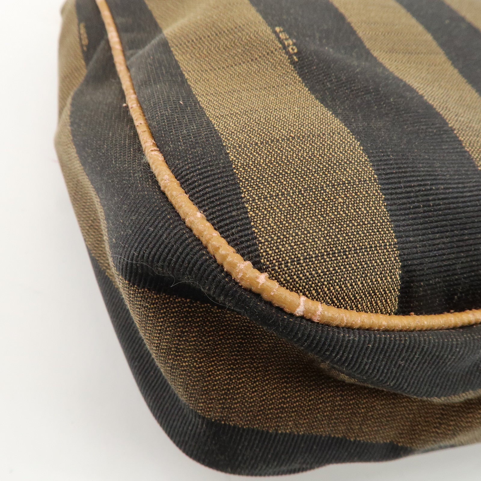 FENDI Pequin Canvas Leather Shoulder Bag Brown Black Used