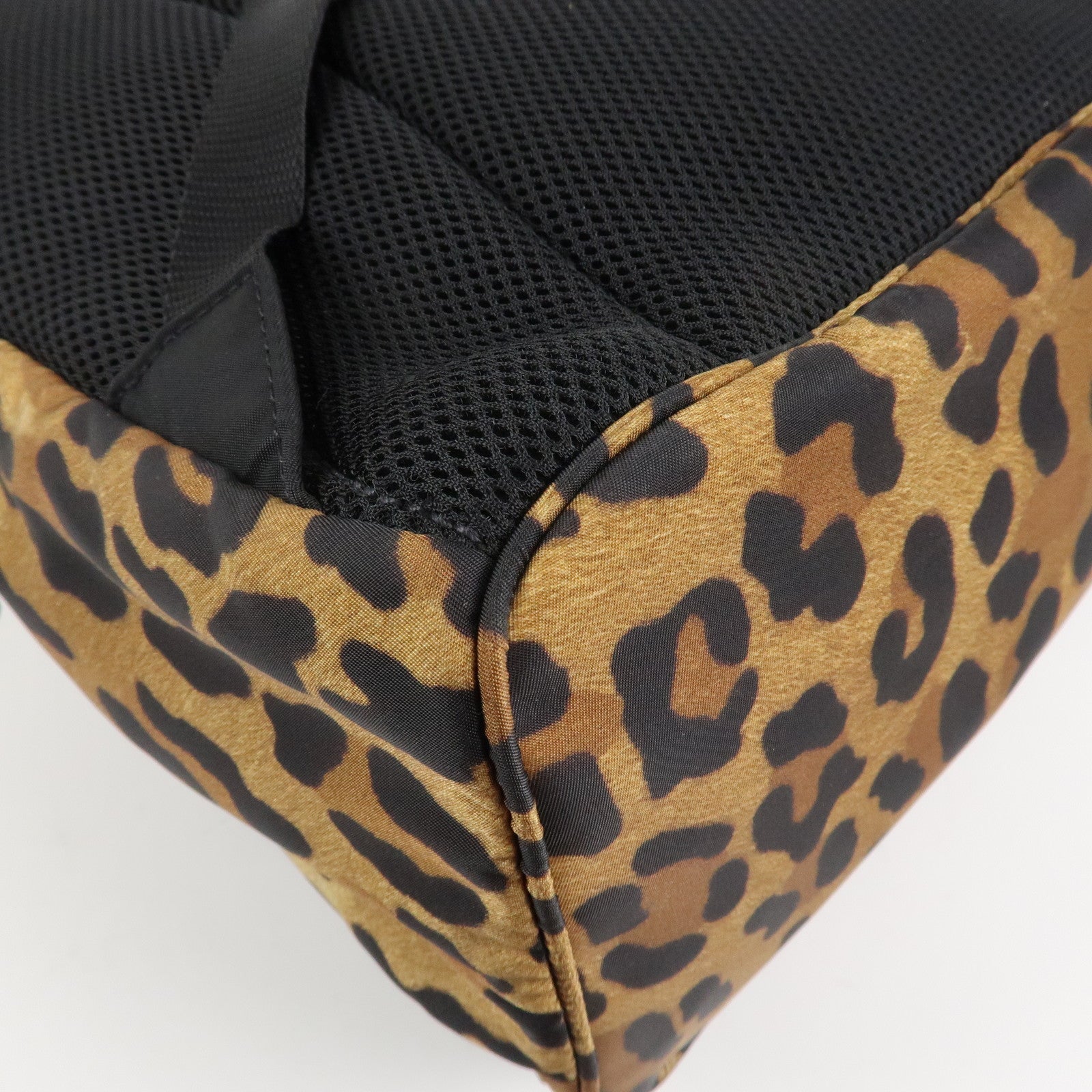 PRADA Leopard Nylon Leather Rucksack Black Brown 1BZ001 Used