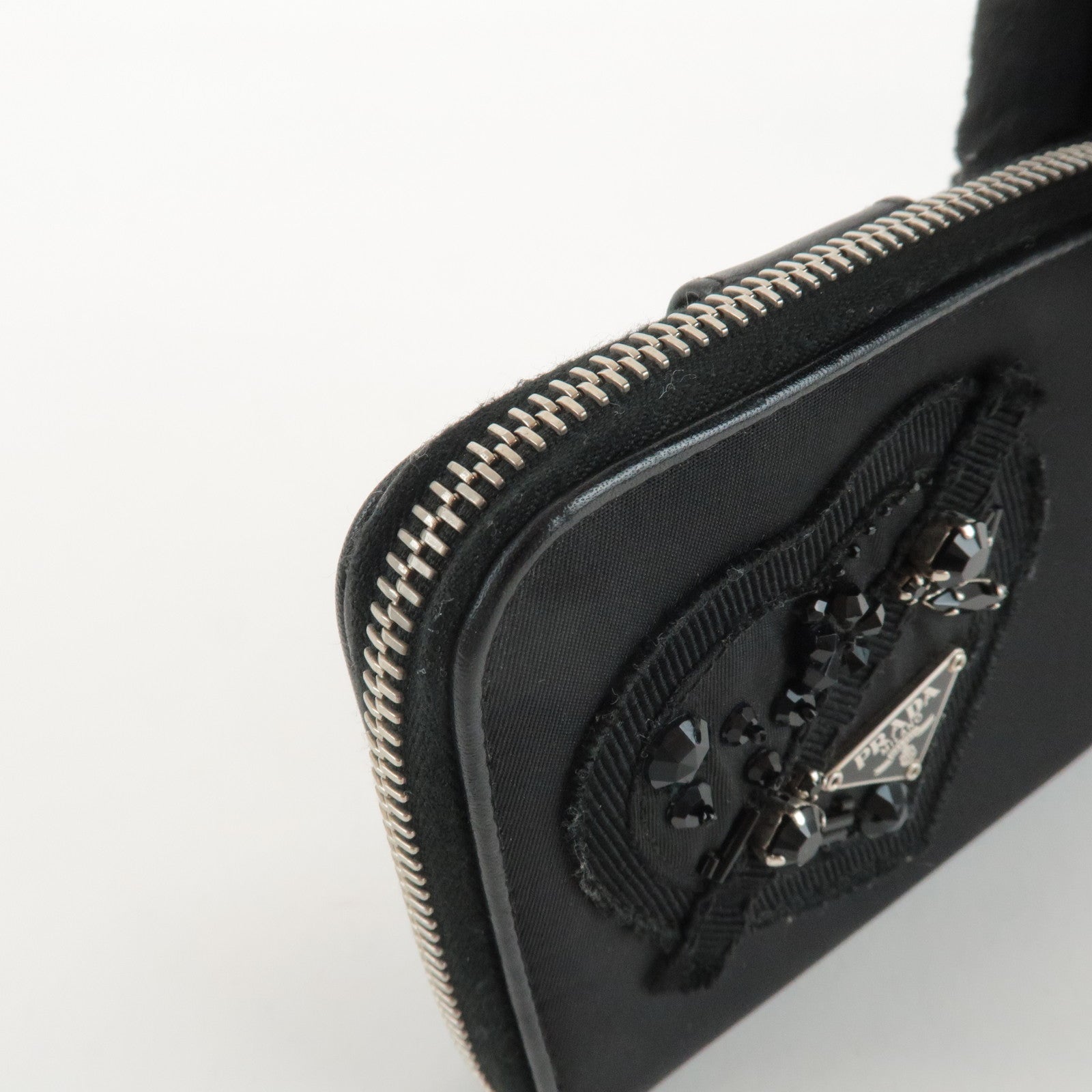 PRADA Logo Leather Round Zip Wallet Bijou Black Used