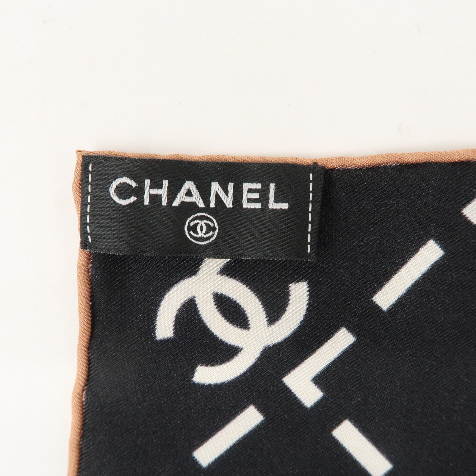 CHANEL Silk 100% Scarf Black White Used