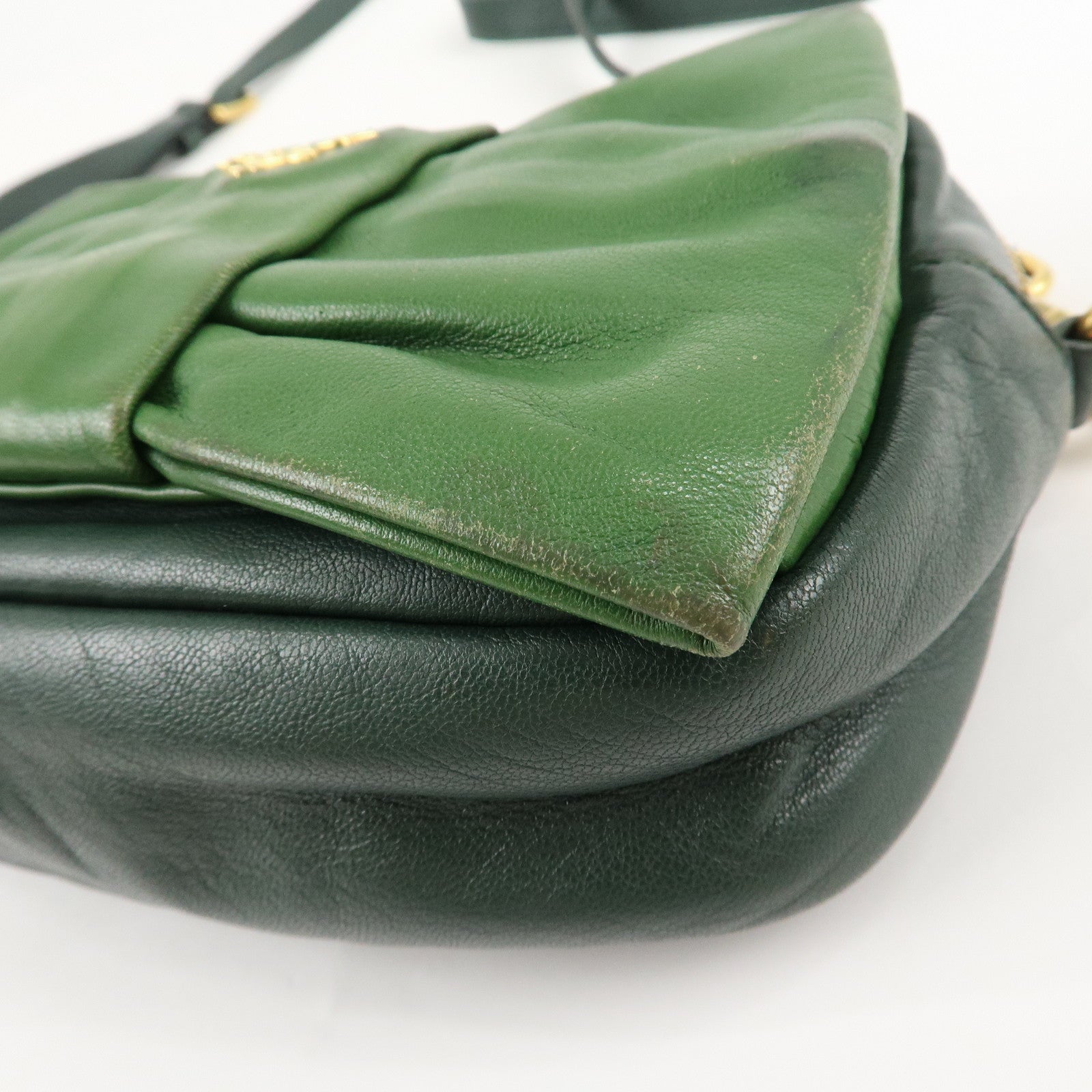 PRADA Logo Leather Ribbon Shoulder Bag Green BP0166 Used