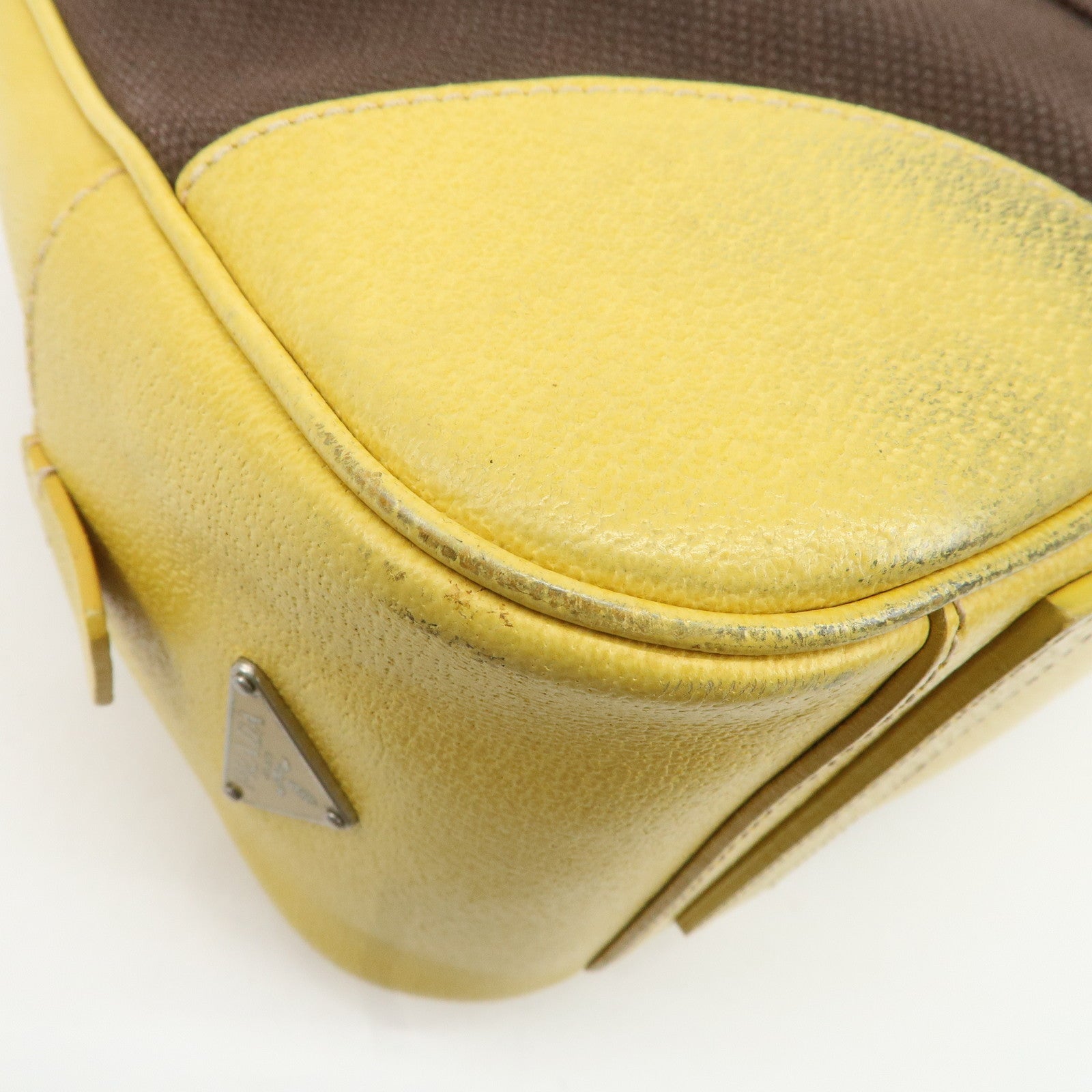 PRADA Canvas Leather Shoulder Bag Hand Bag Brown Yellow Used