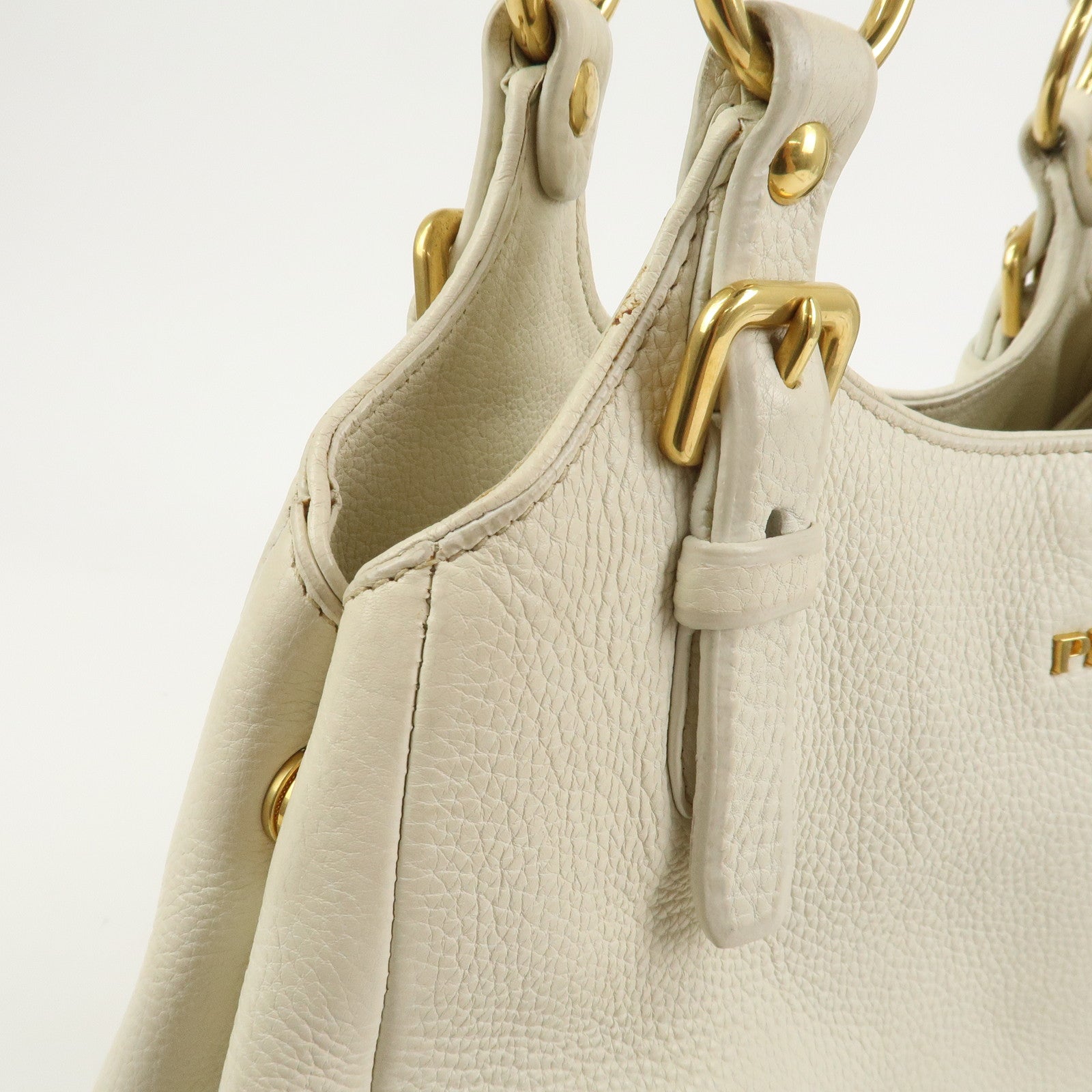 PRADA Logo Leather Shoulder Bag Hand Bag Ivory Gold BR4085