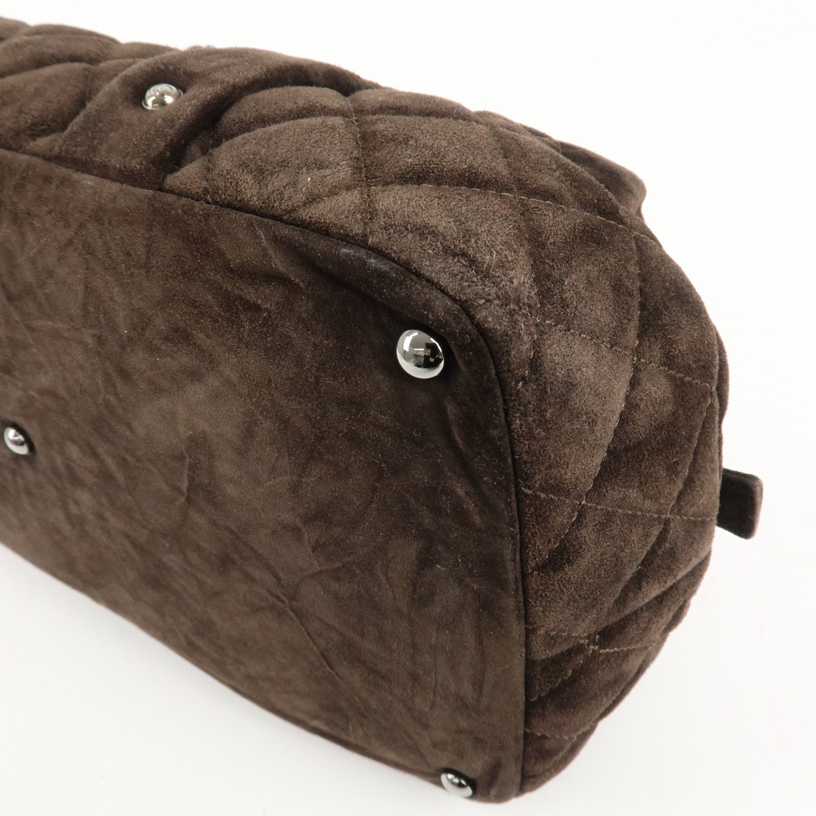 CHANEL Matelasse Suede Boston Bag Brown Silver Hardware Used