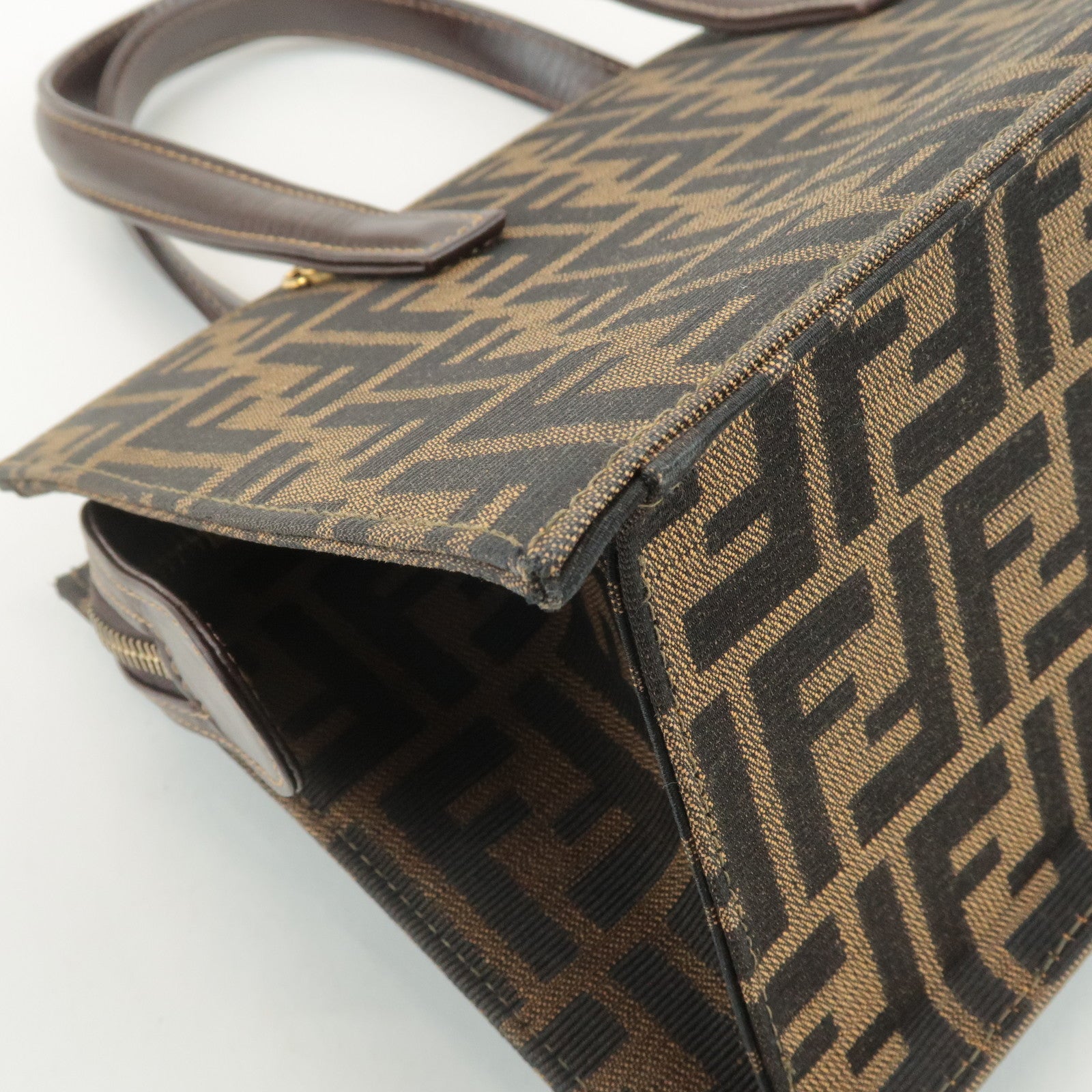 FENDI Zucca Canvas Leather Boston Bag Hand Bag Brown Black Used